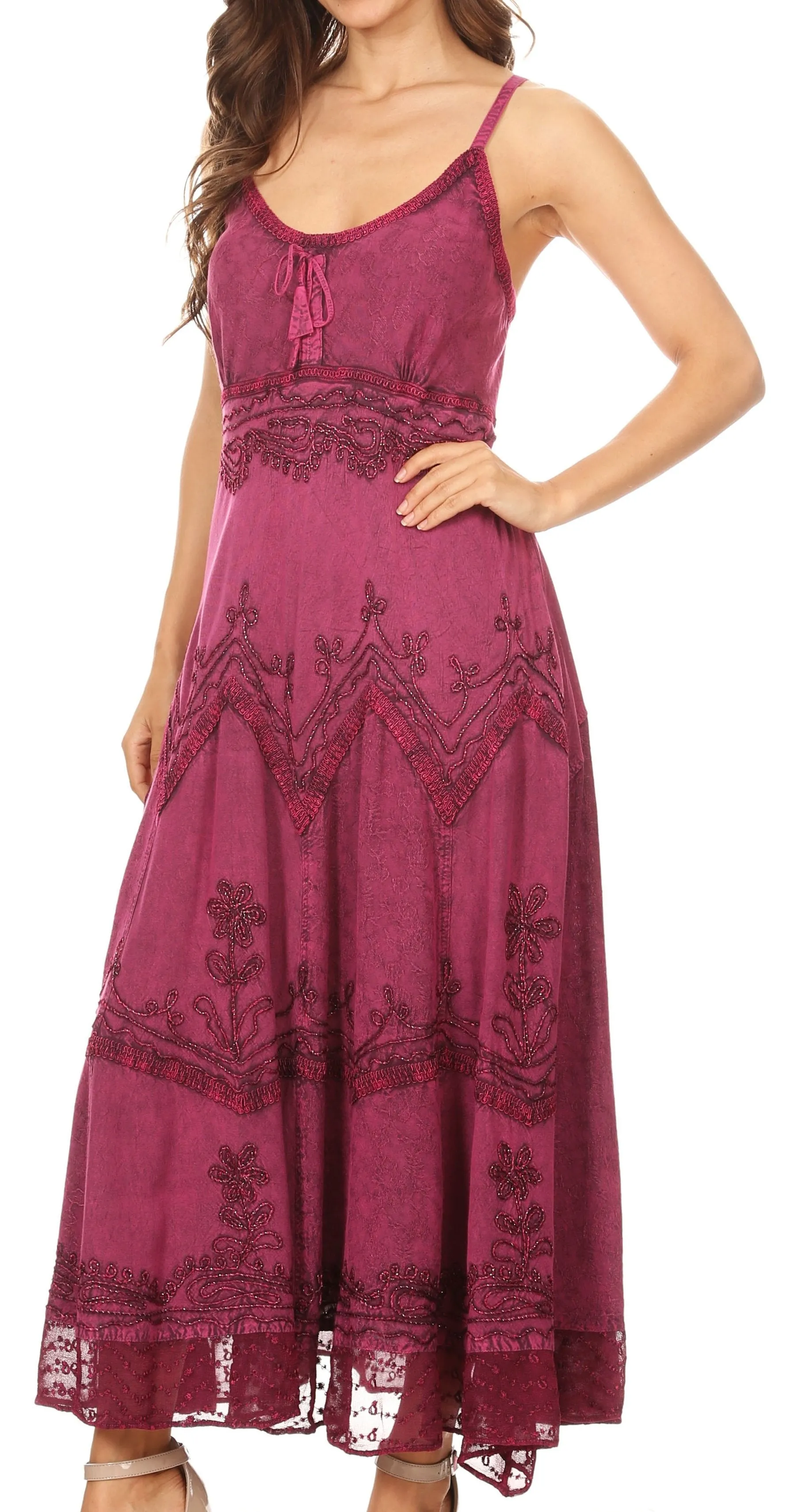 Sakkas Stonewashed Rayon Embroidered Adjustable Spaghetti Straps Long Dress