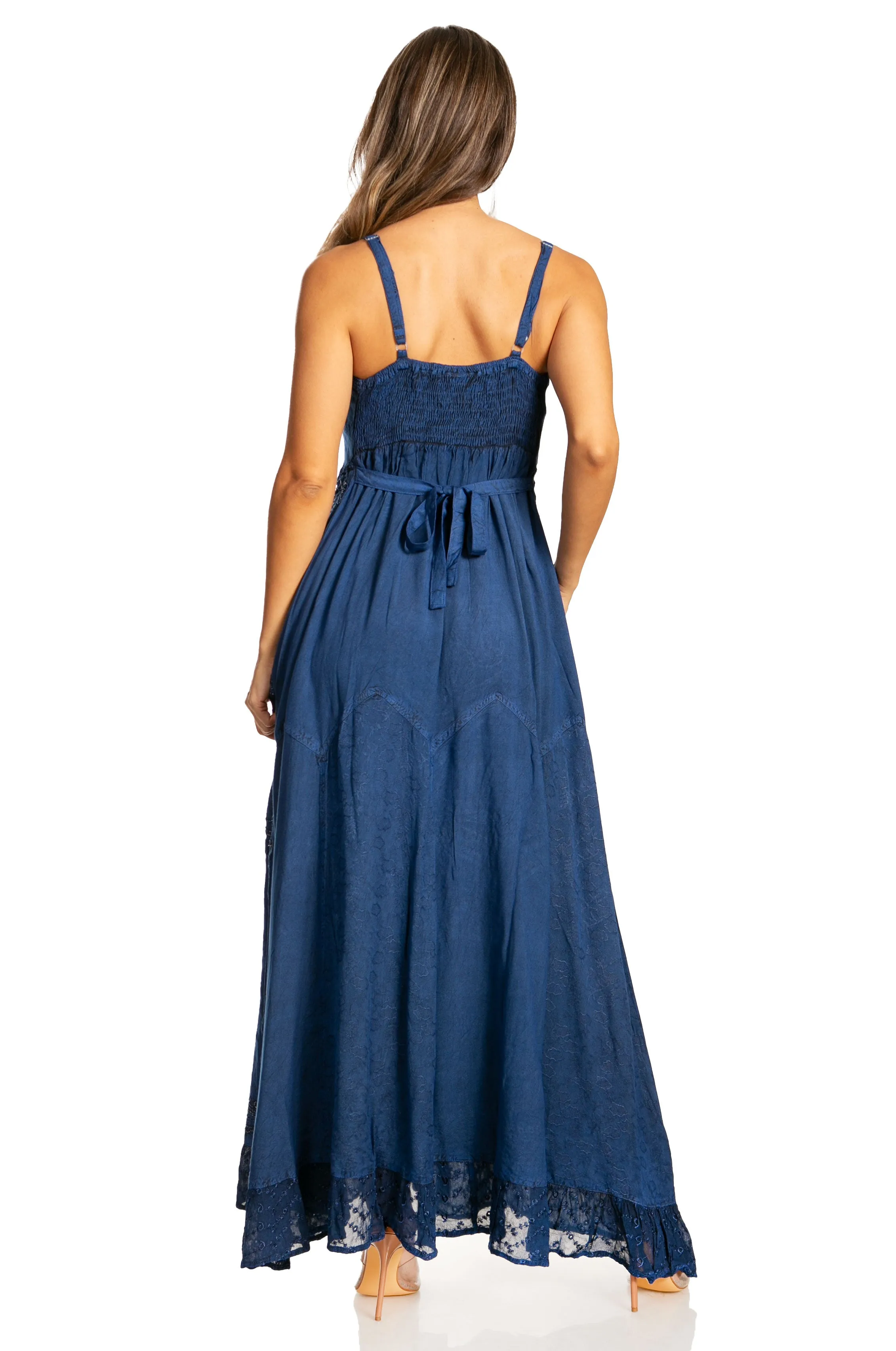 Sakkas Stonewashed Rayon Embroidered Adjustable Spaghetti Straps Long Dress