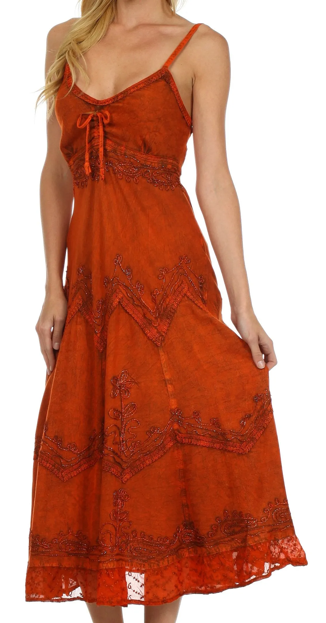 Sakkas Stonewashed Rayon Embroidered Adjustable Spaghetti Straps Long Dress