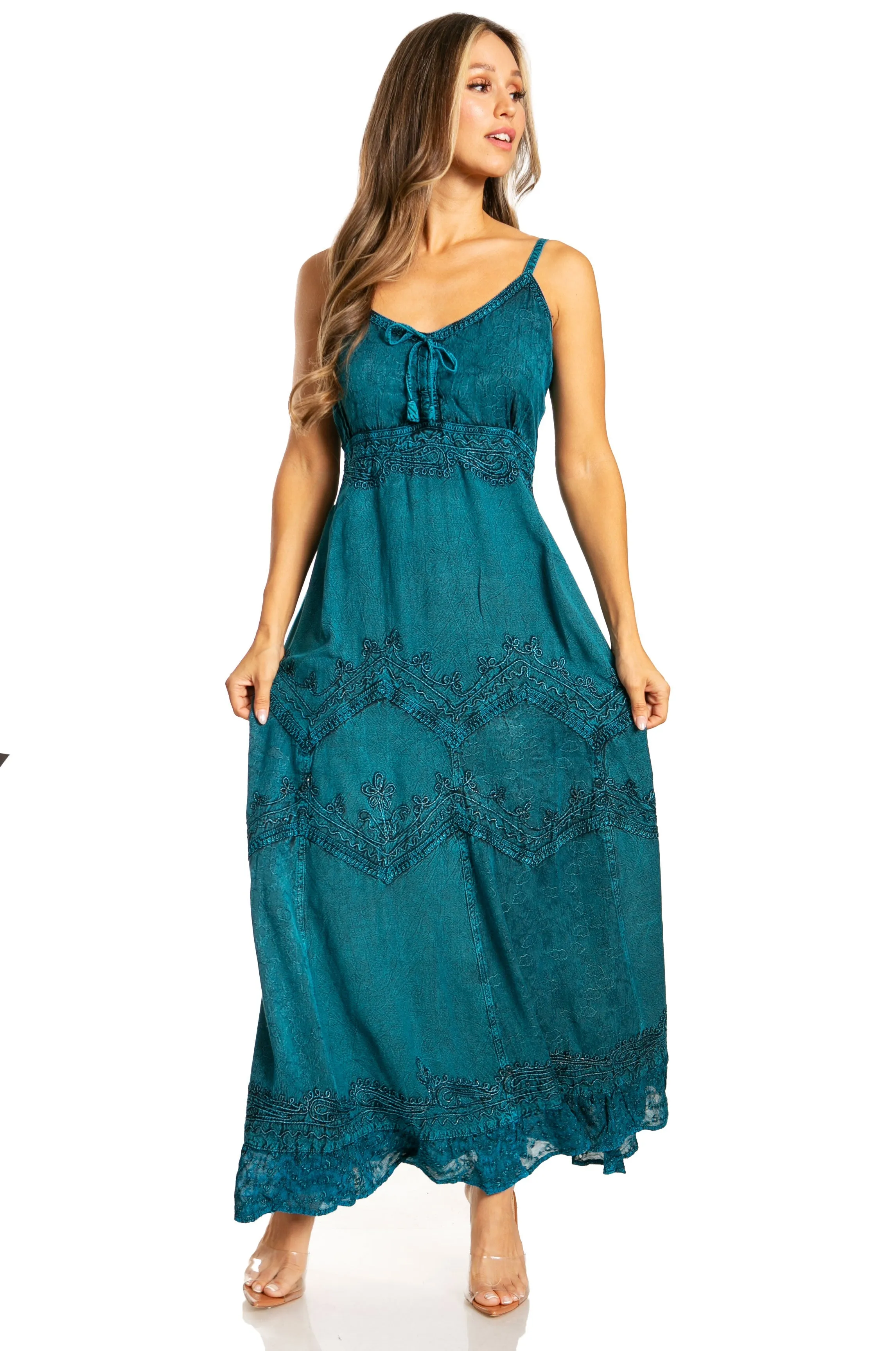 Sakkas Stonewashed Rayon Embroidered Adjustable Spaghetti Straps Long Dress