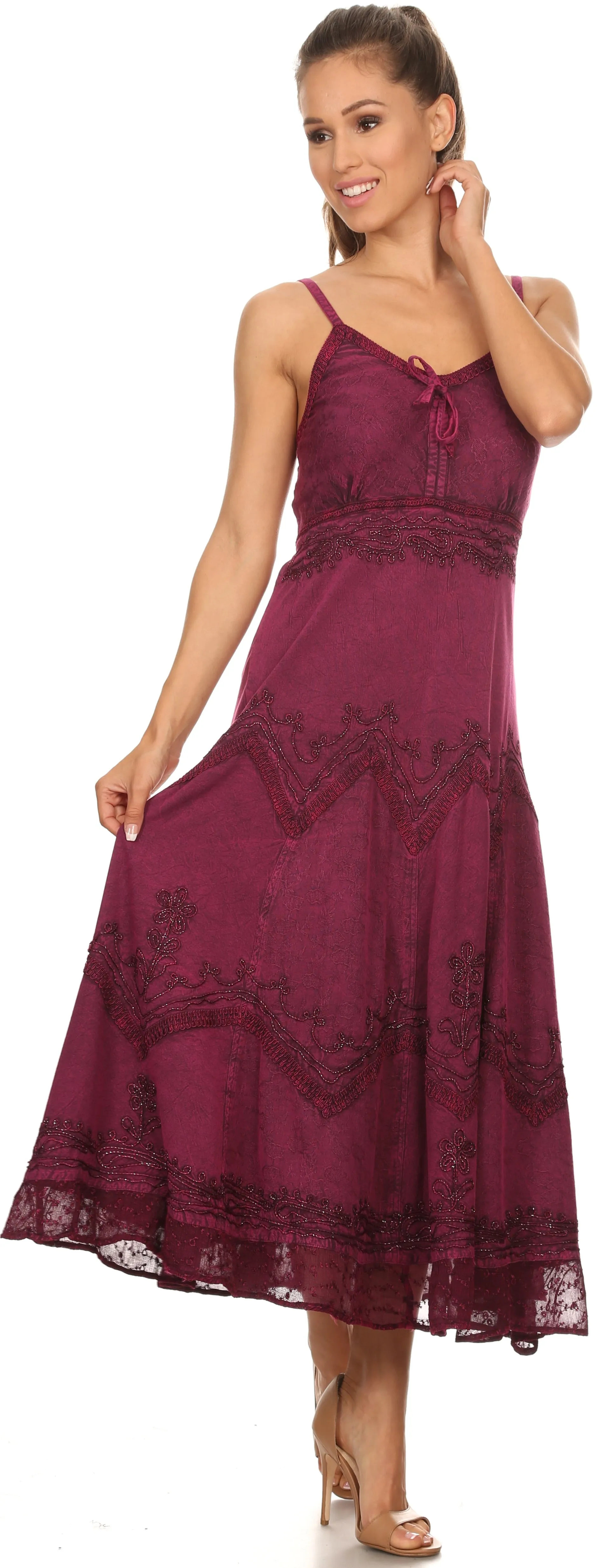 Sakkas Stonewashed Rayon Embroidered Adjustable Spaghetti Straps Long Dress