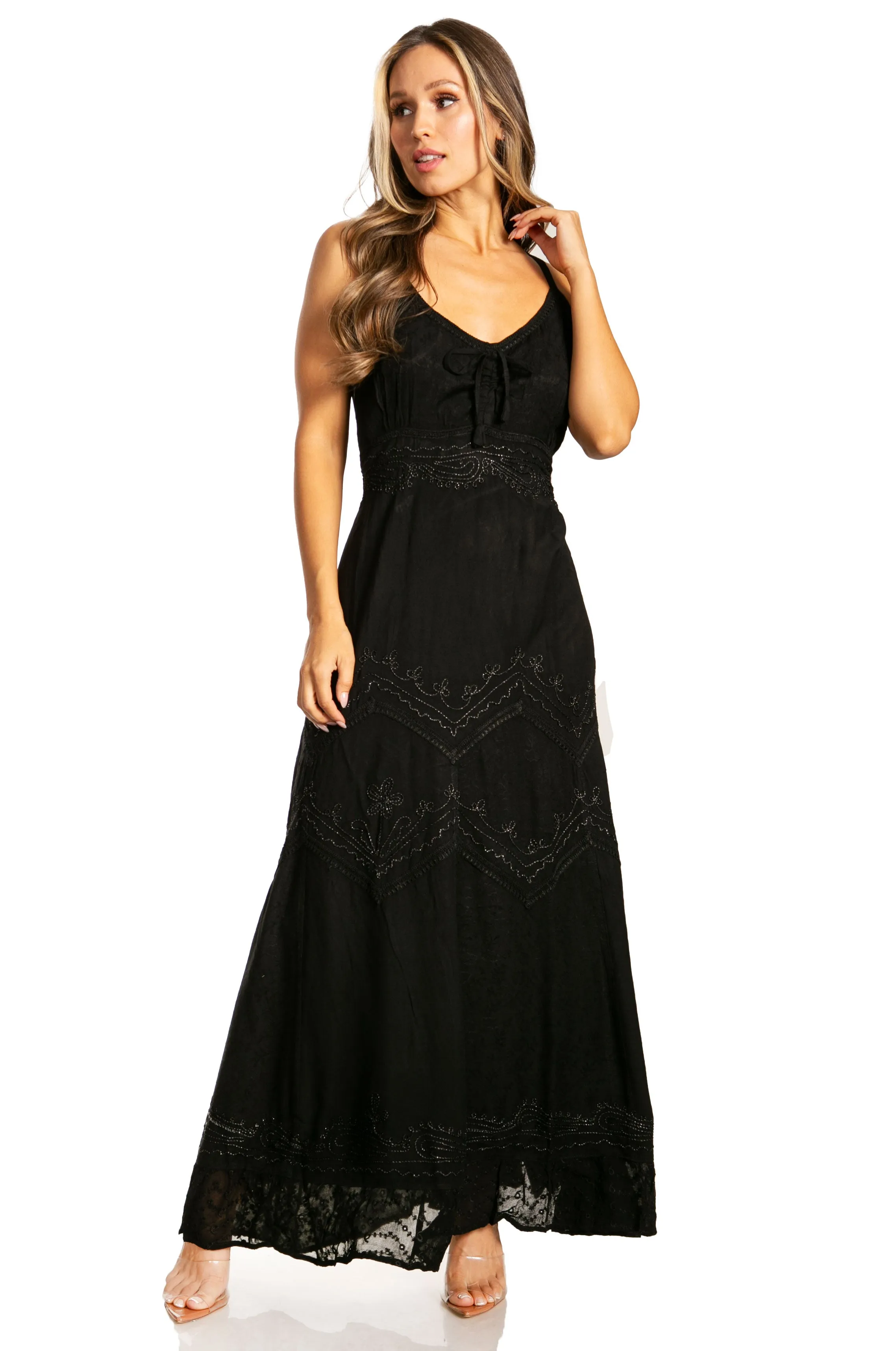 Sakkas Stonewashed Rayon Embroidered Adjustable Spaghetti Straps Long Dress