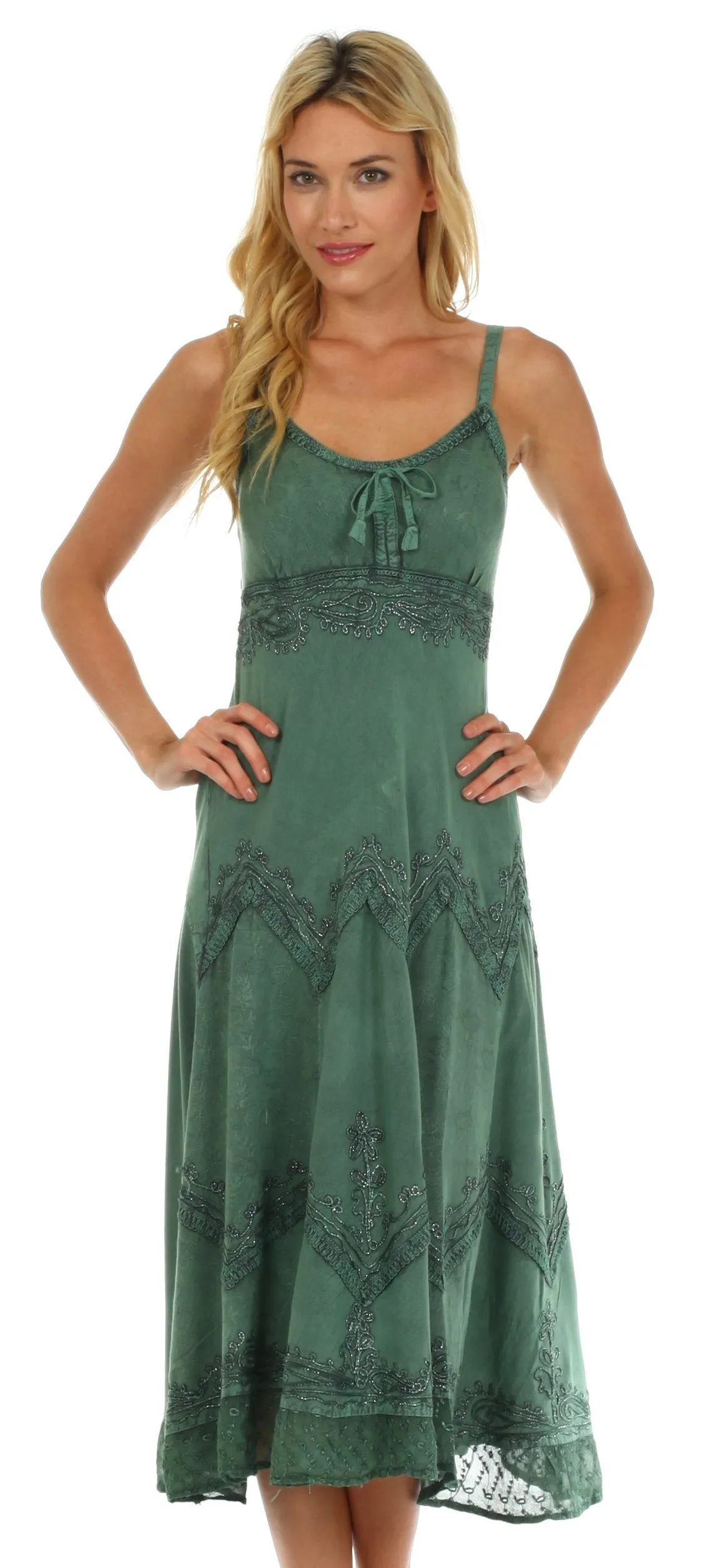 Sakkas Stonewashed Rayon Embroidered Adjustable Spaghetti Straps Long Dress