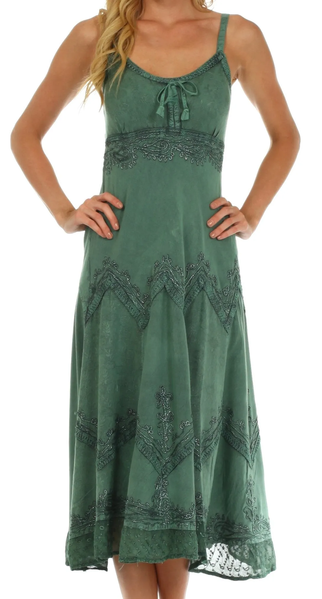 Sakkas Stonewashed Rayon Embroidered Adjustable Spaghetti Straps Long Dress