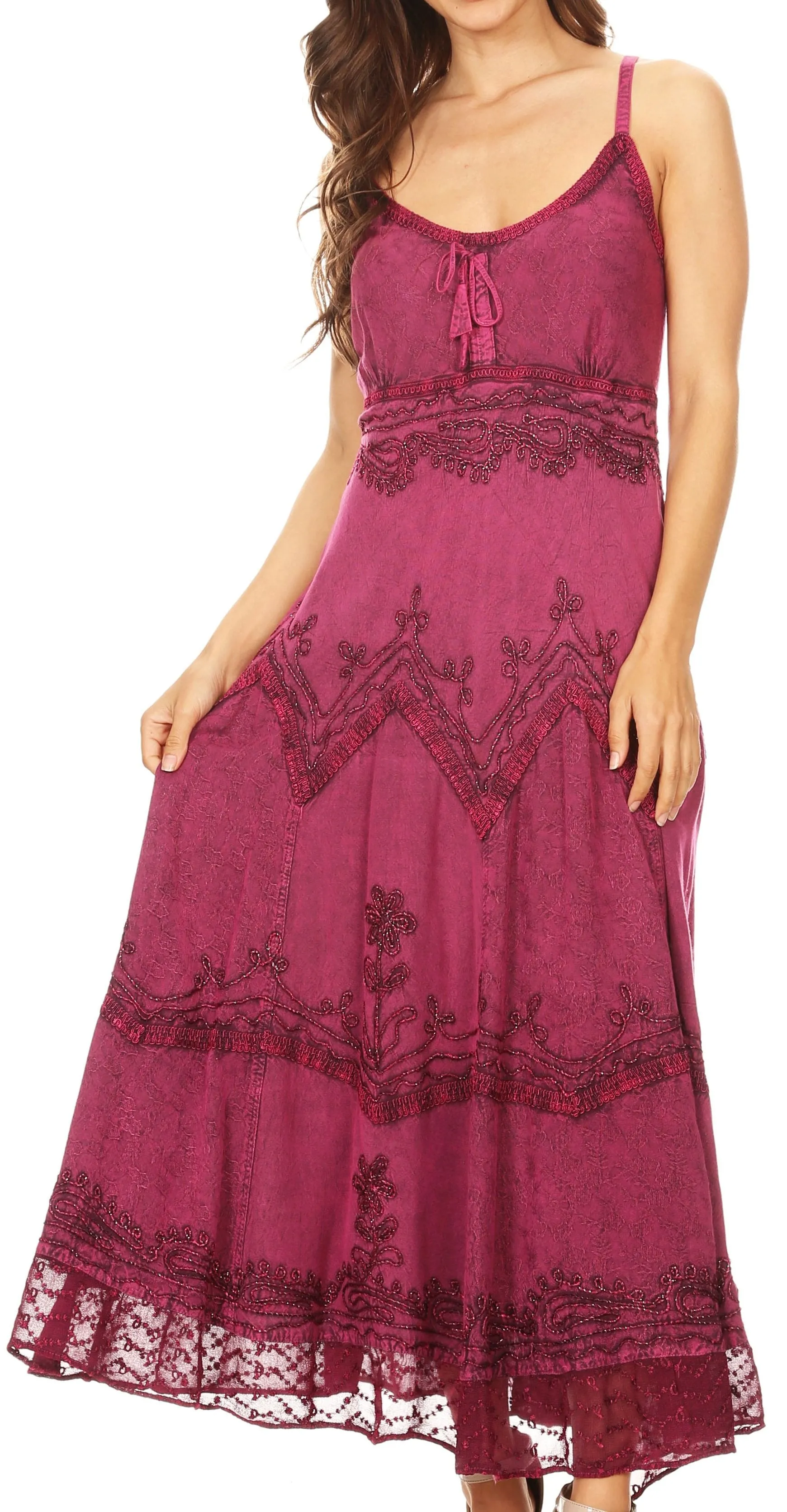 Sakkas Stonewashed Rayon Embroidered Adjustable Spaghetti Straps Long Dress