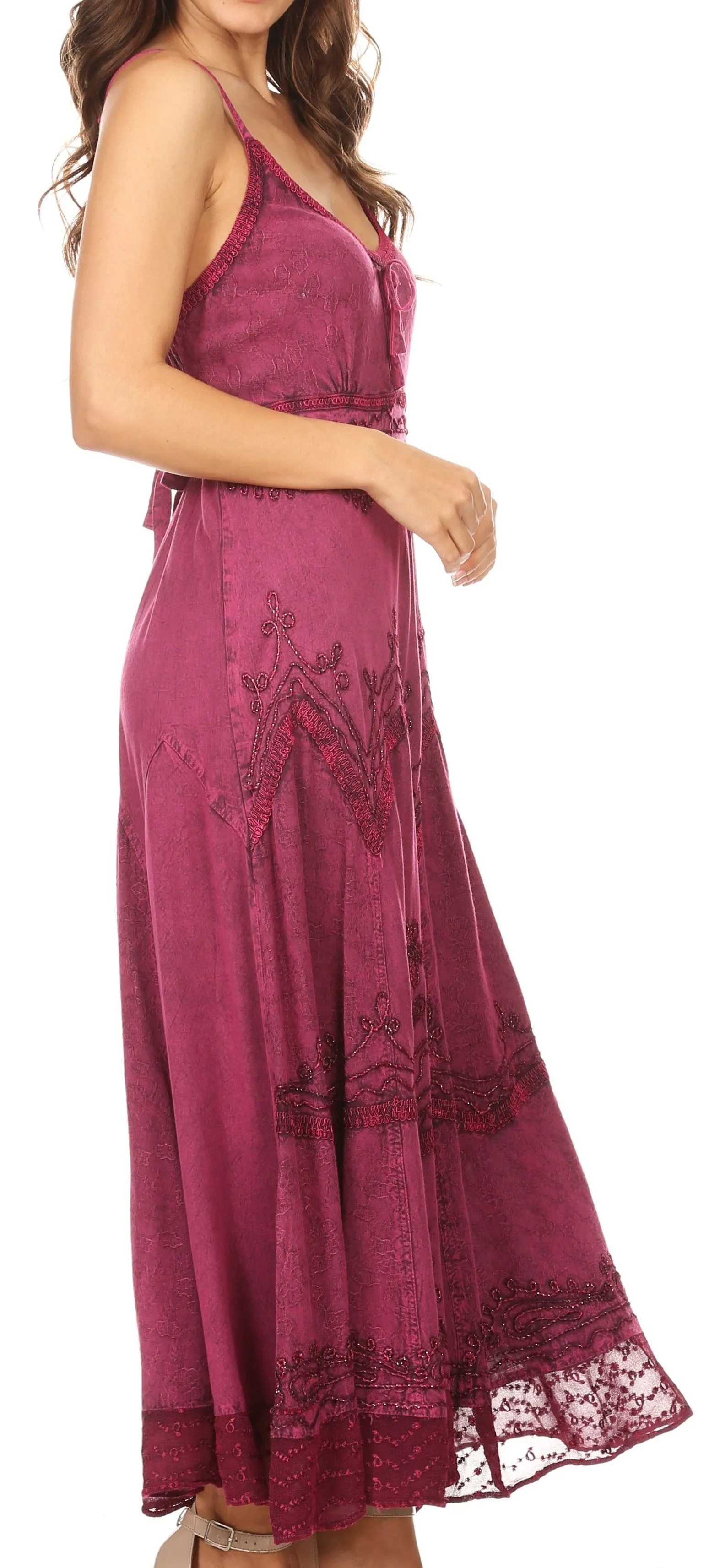 Sakkas Stonewashed Rayon Embroidered Adjustable Spaghetti Straps Long Dress