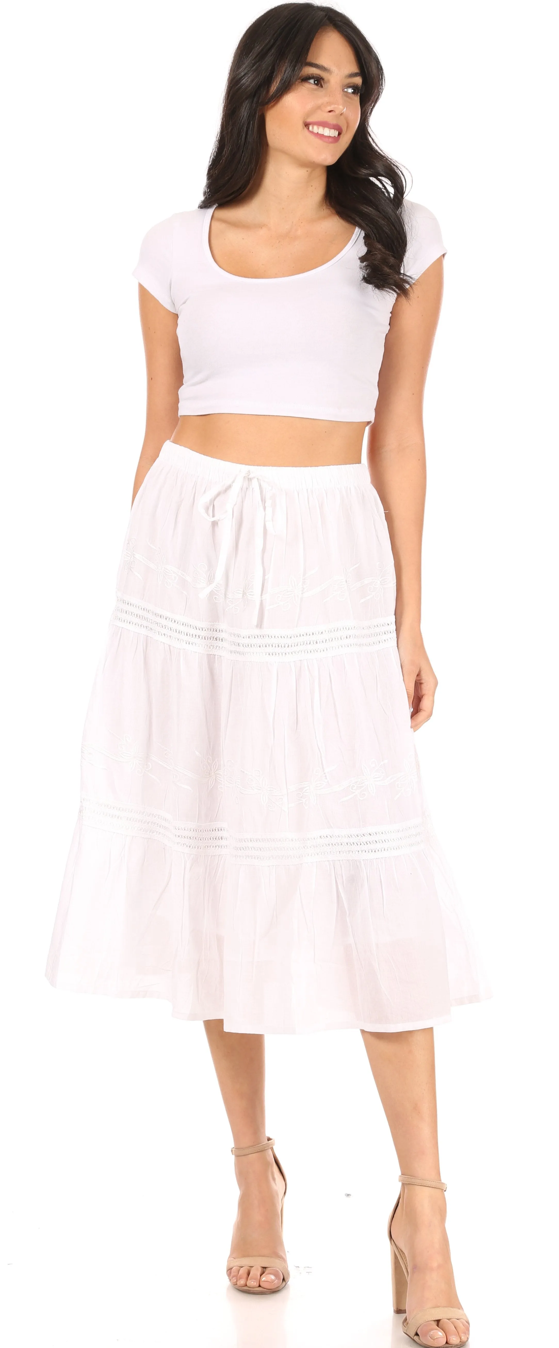 Sakkas Tahira Cascading Broomstick Midi Skirt with Crochet lace and Elastic Waist