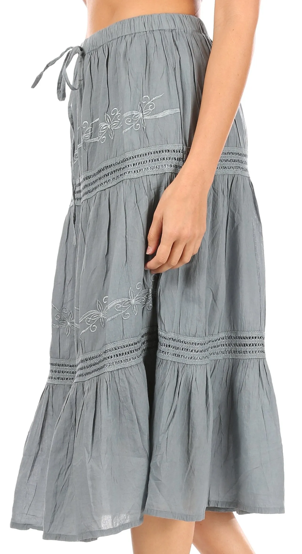 Sakkas Tahira Cascading Broomstick Midi Skirt with Crochet lace and Elastic Waist