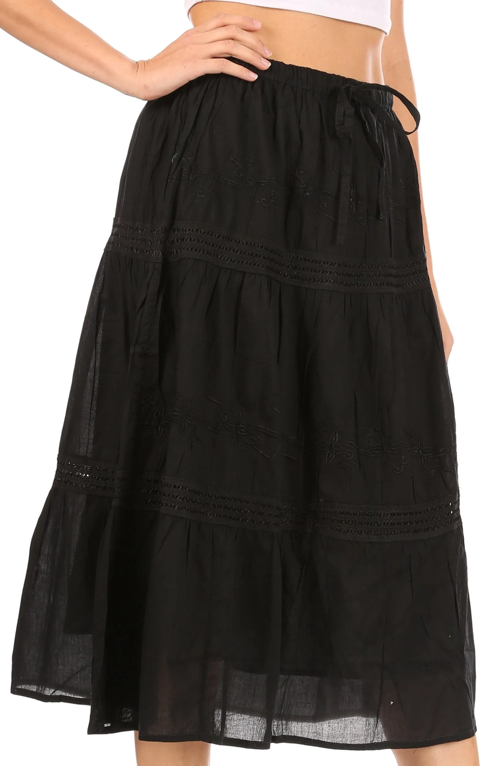 Sakkas Tahira Cascading Broomstick Midi Skirt with Crochet lace and Elastic Waist