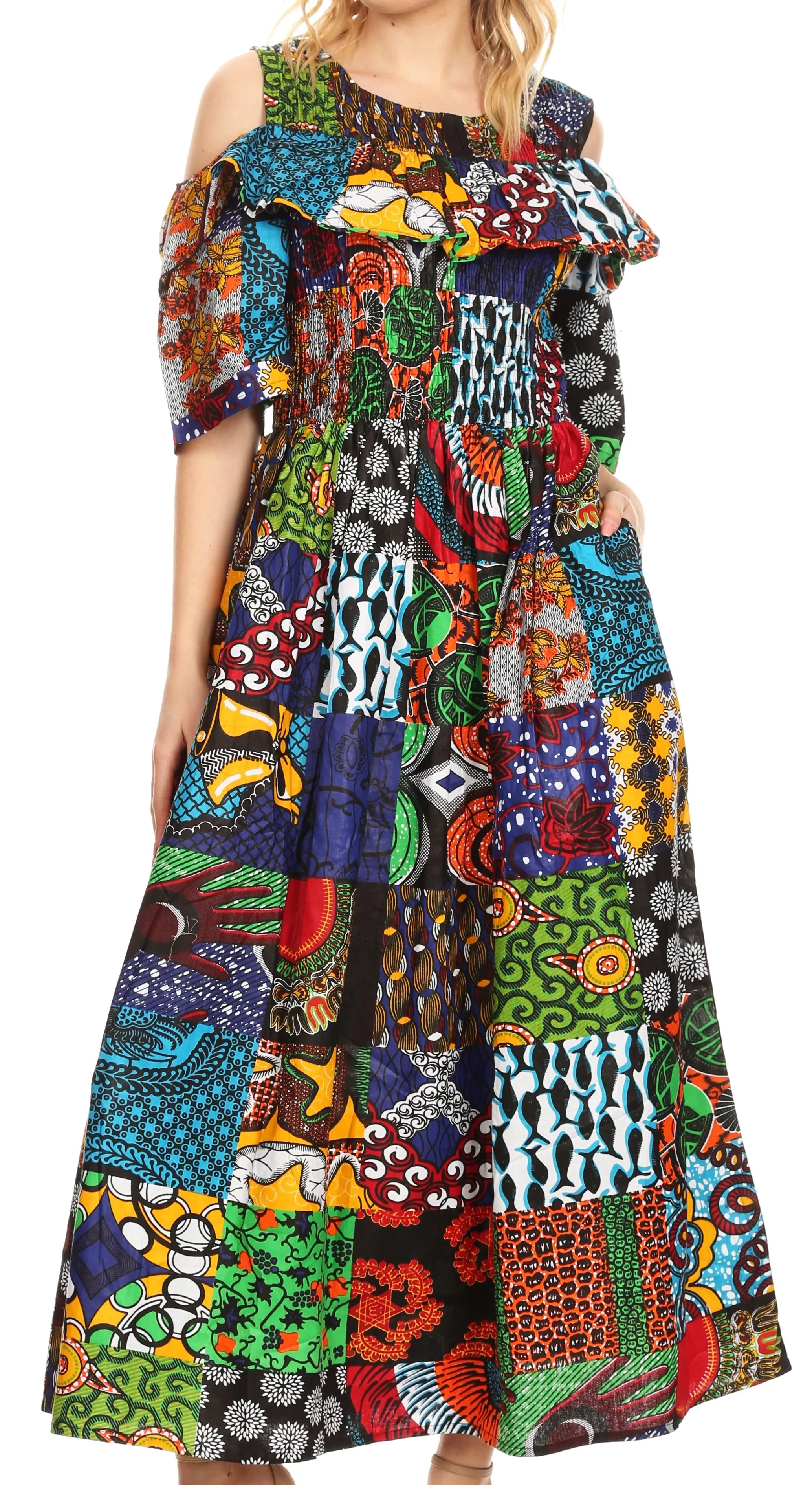 Sakkas Tany Women's Cold Shoulder Smocked Ruffled African Ankara Maxi Long Dress