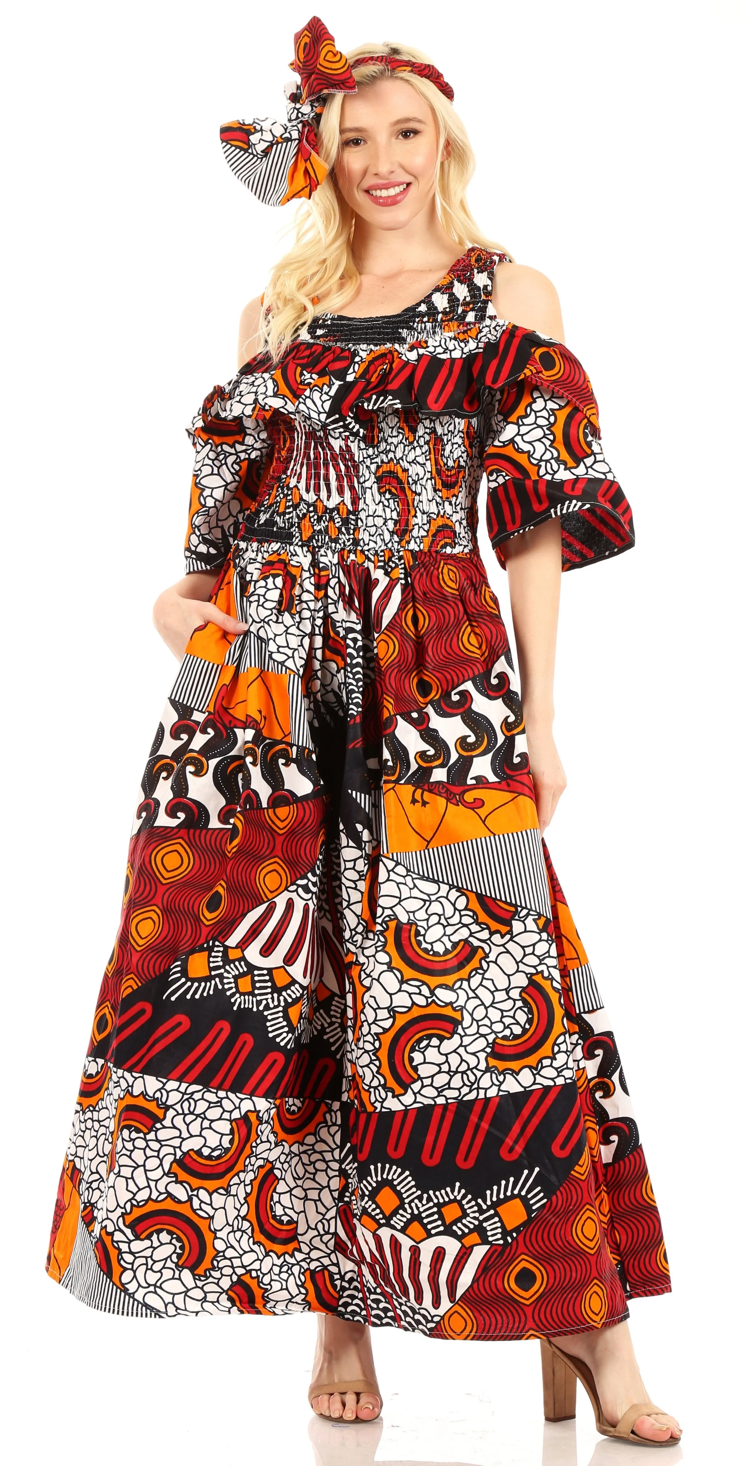 Sakkas Tany Women's Cold Shoulder Smocked Ruffled African Ankara Maxi Long Dress