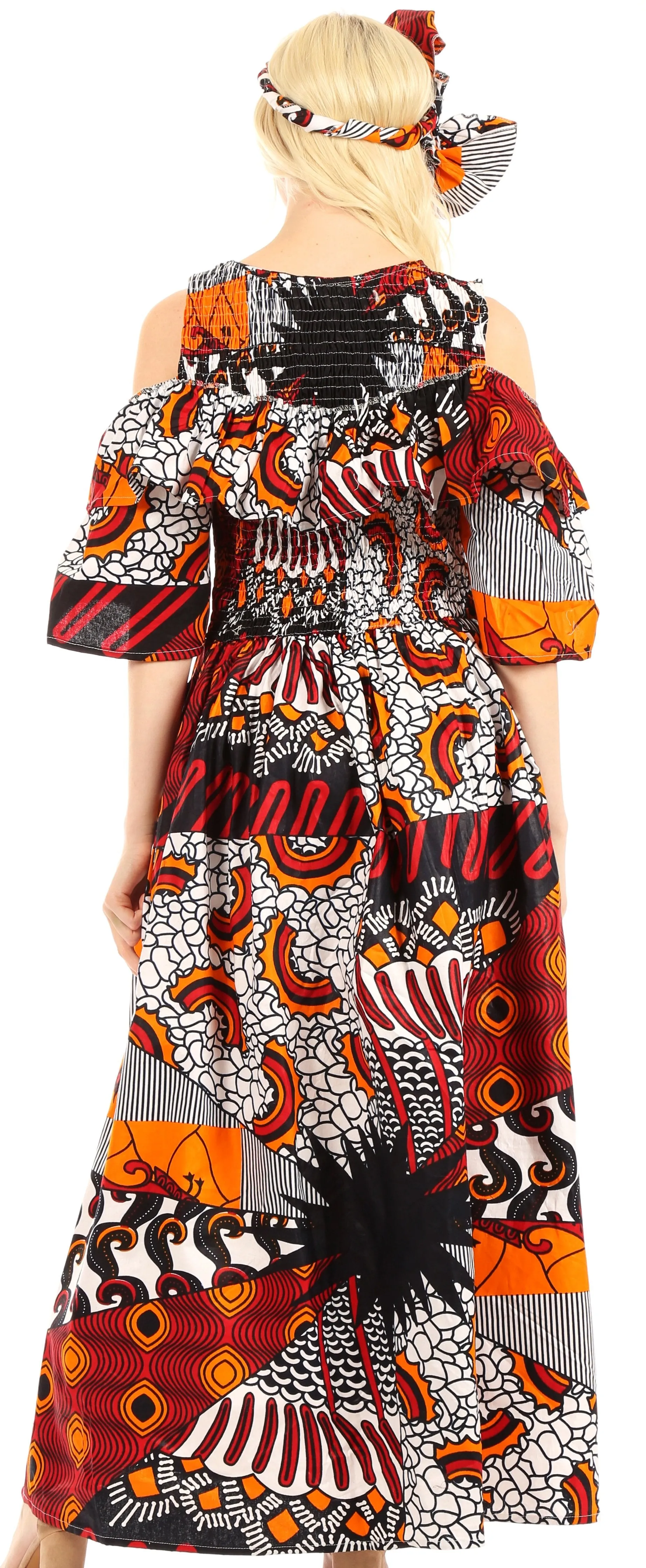 Sakkas Tany Women's Cold Shoulder Smocked Ruffled African Ankara Maxi Long Dress