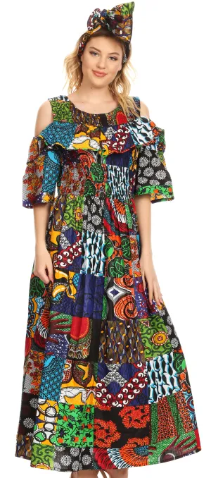 Sakkas Tany Women's Cold Shoulder Smocked Ruffled African Ankara Maxi Long Dress