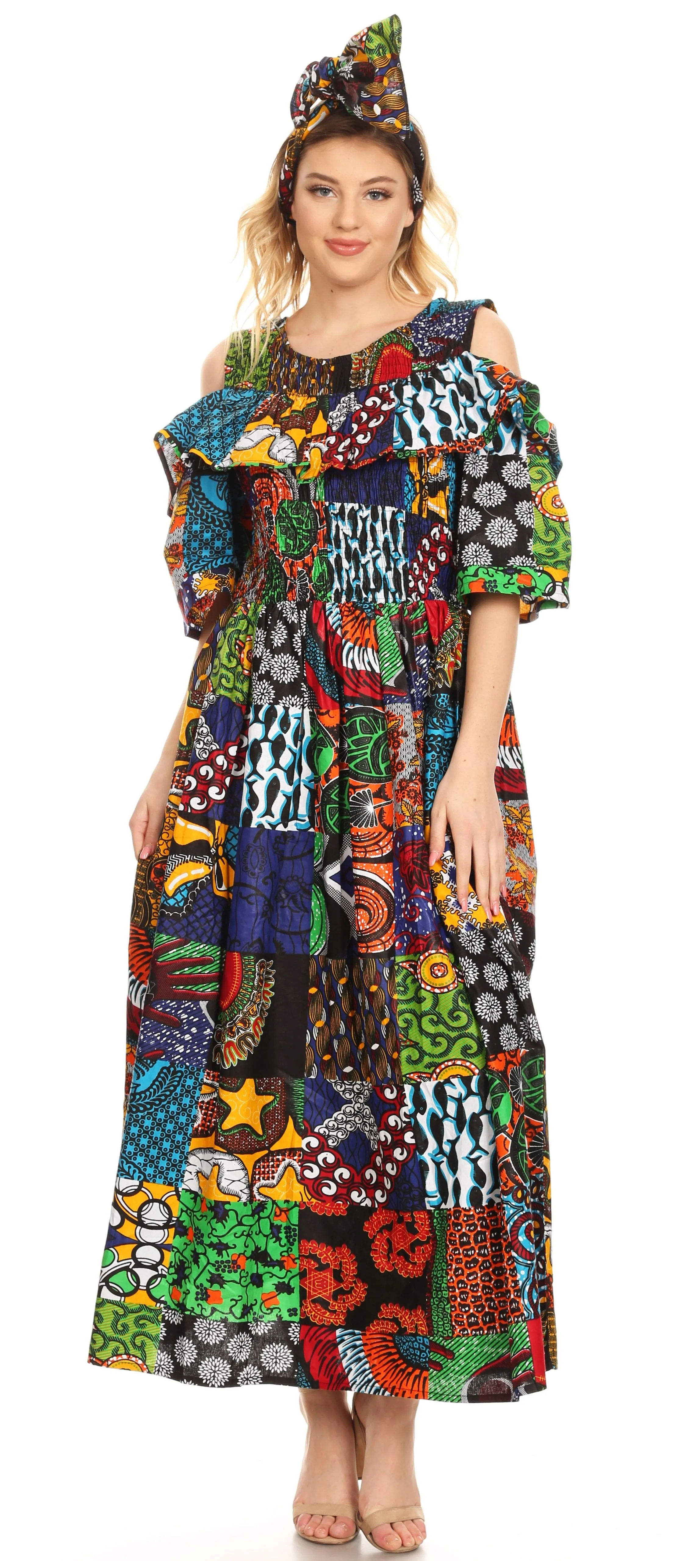 Sakkas Tany Women's Cold Shoulder Smocked Ruffled African Ankara Maxi Long Dress