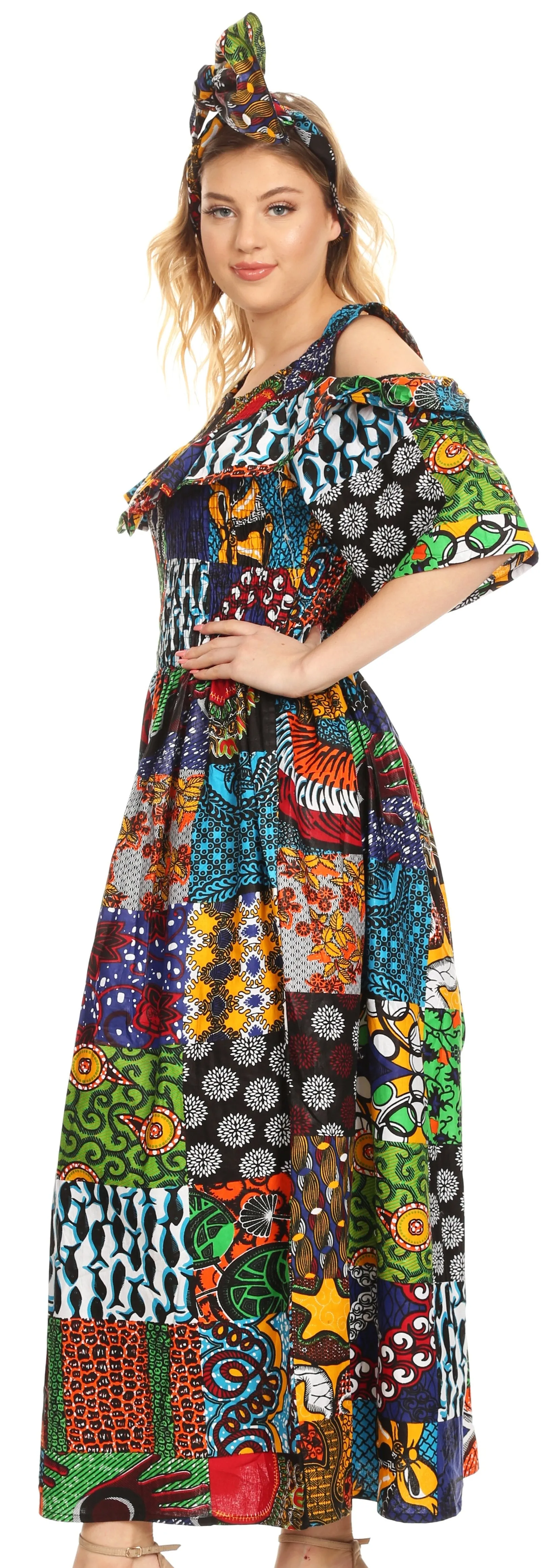 Sakkas Tany Women's Cold Shoulder Smocked Ruffled African Ankara Maxi Long Dress