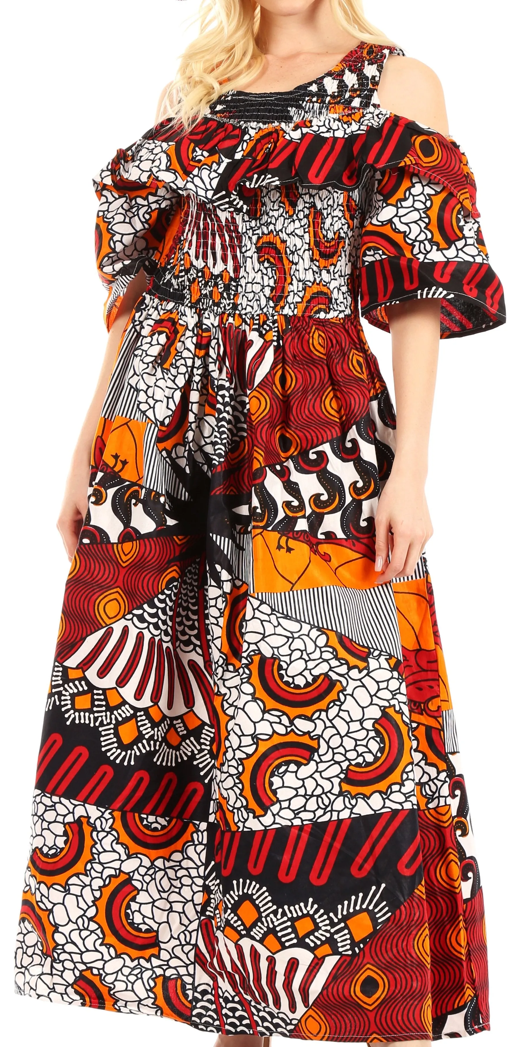 Sakkas Tany Women's Cold Shoulder Smocked Ruffled African Ankara Maxi Long Dress