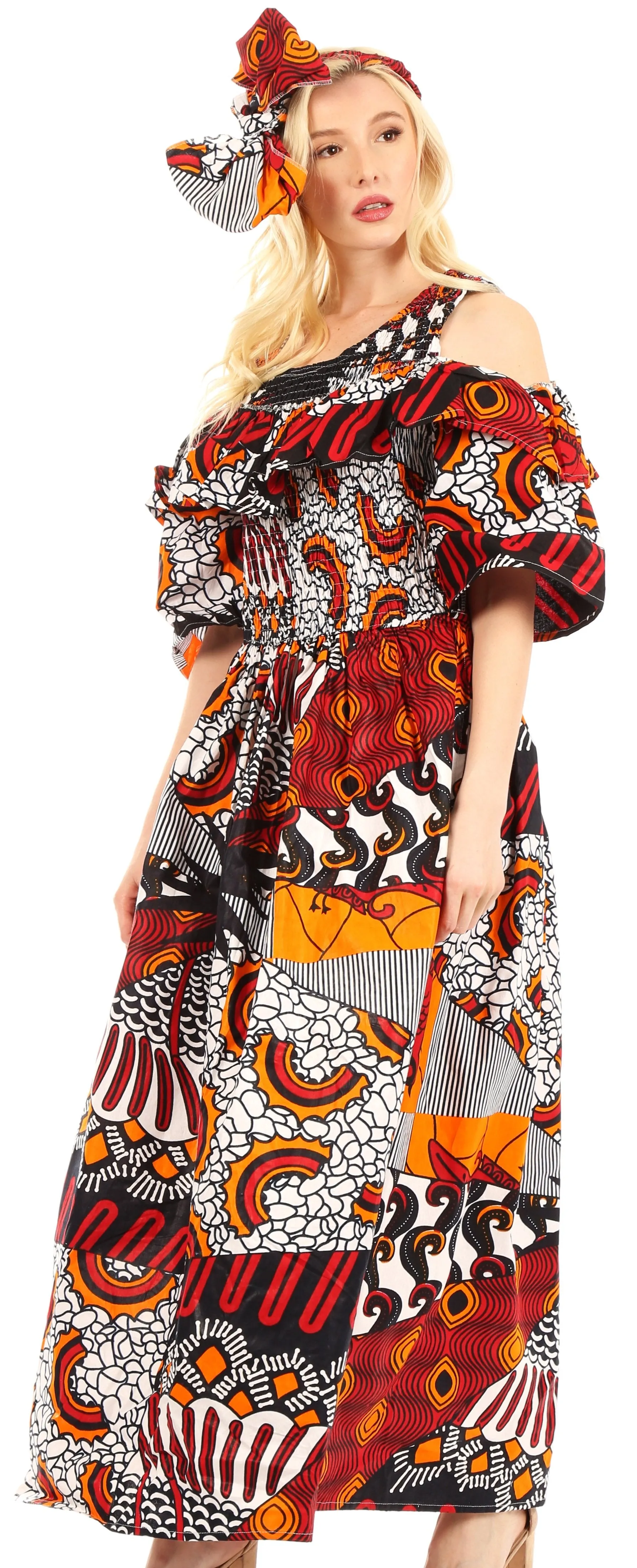 Sakkas Tany Women's Cold Shoulder Smocked Ruffled African Ankara Maxi Long Dress