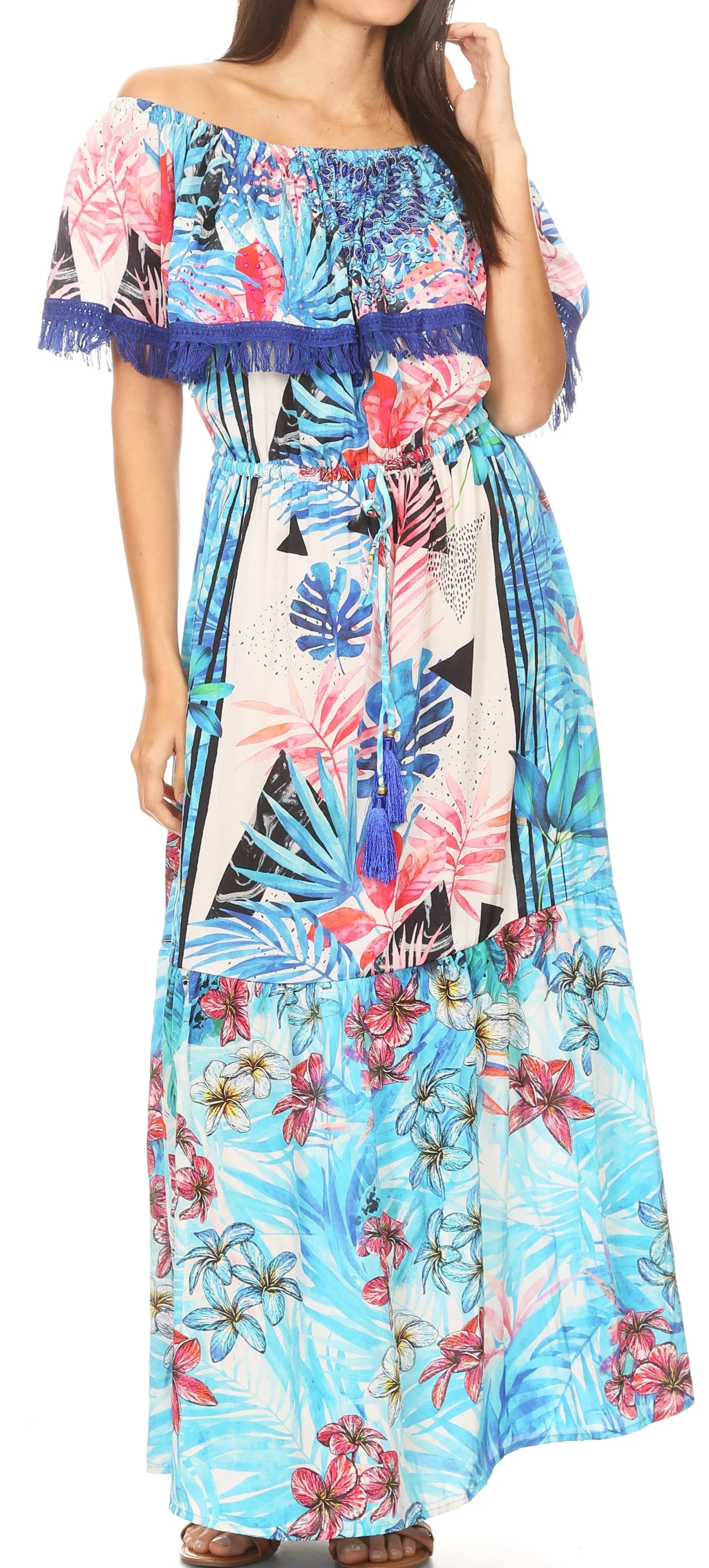 Sakkas Tara Women's Long Maxi Boho Off Shoulder Summer Casual Dress Floral Print