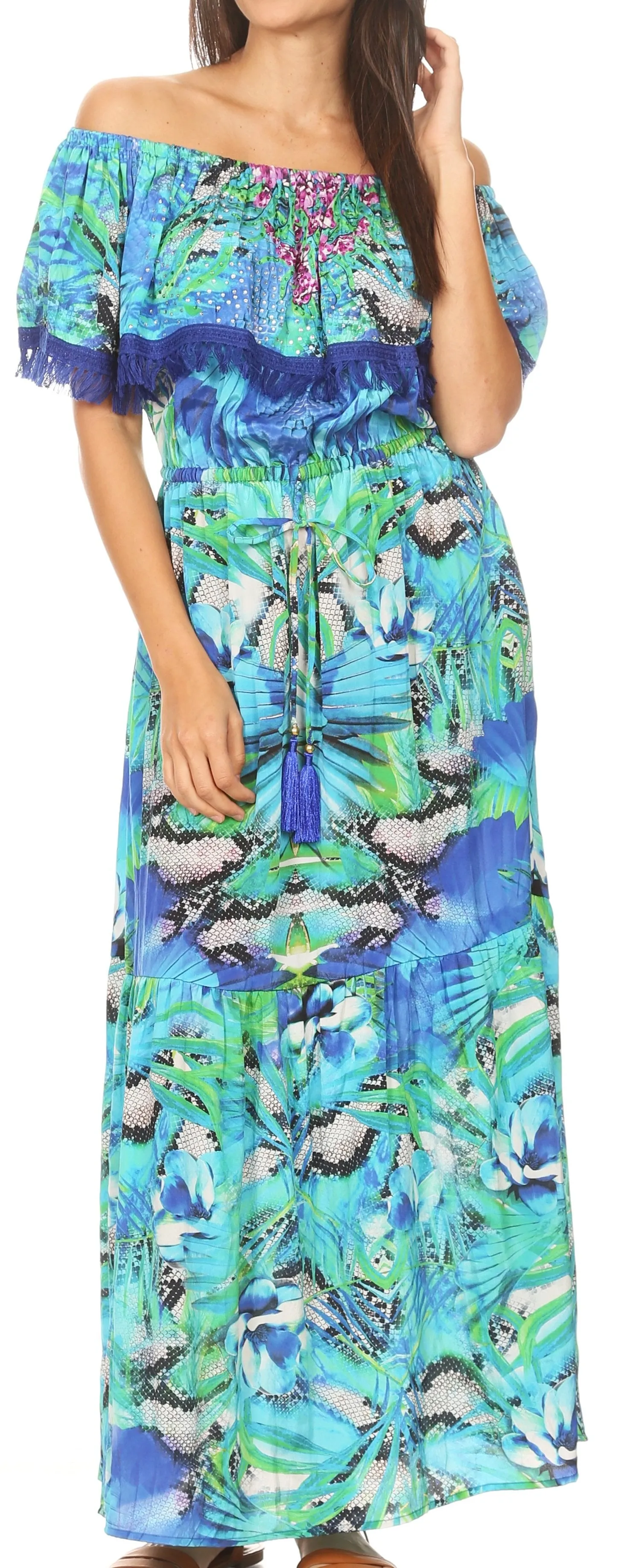 Sakkas Tara Women's Long Maxi Boho Off Shoulder Summer Casual Dress Floral Print