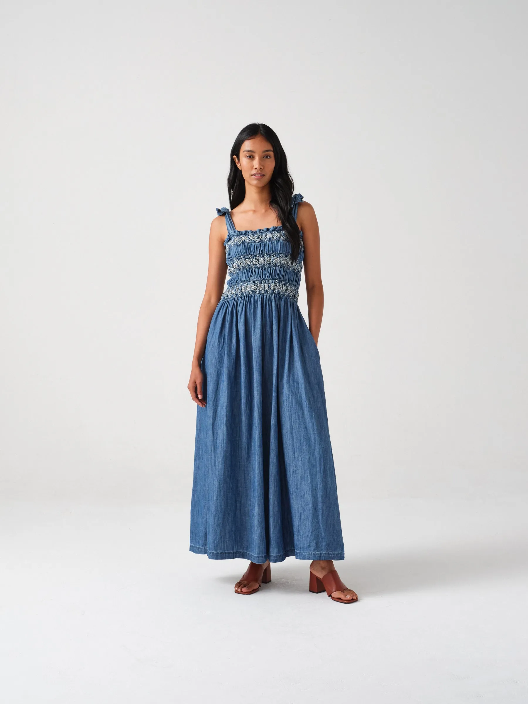 Sally Tie Bandeau Dress in Washed Indigo