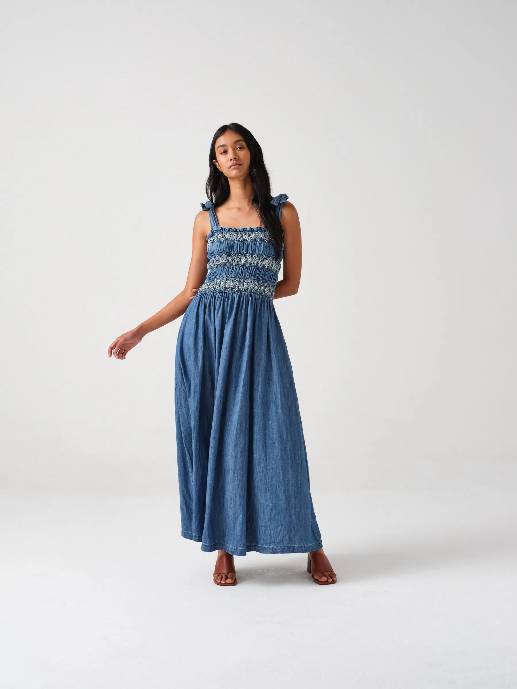 Sally Tie Bandeau Dress in Washed Indigo