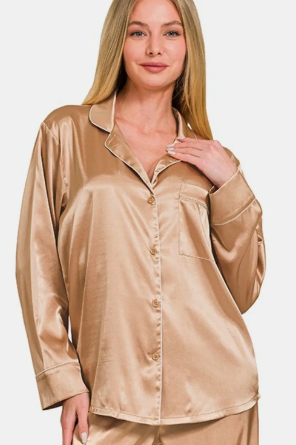 Satin Long Sleeve Shirt and Pants Pajama Set