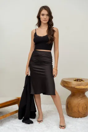 SATIN SIDE SLIT MIDI SKIRT