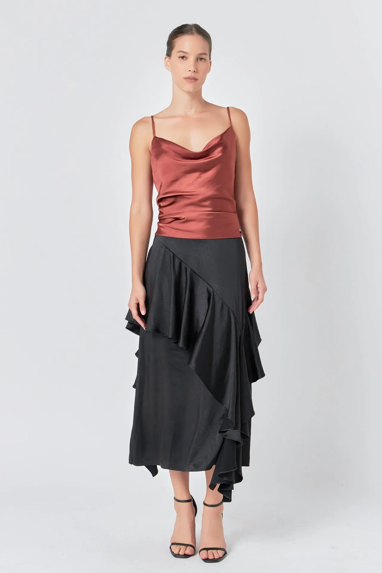 Satin Waterfall Midi Skirt