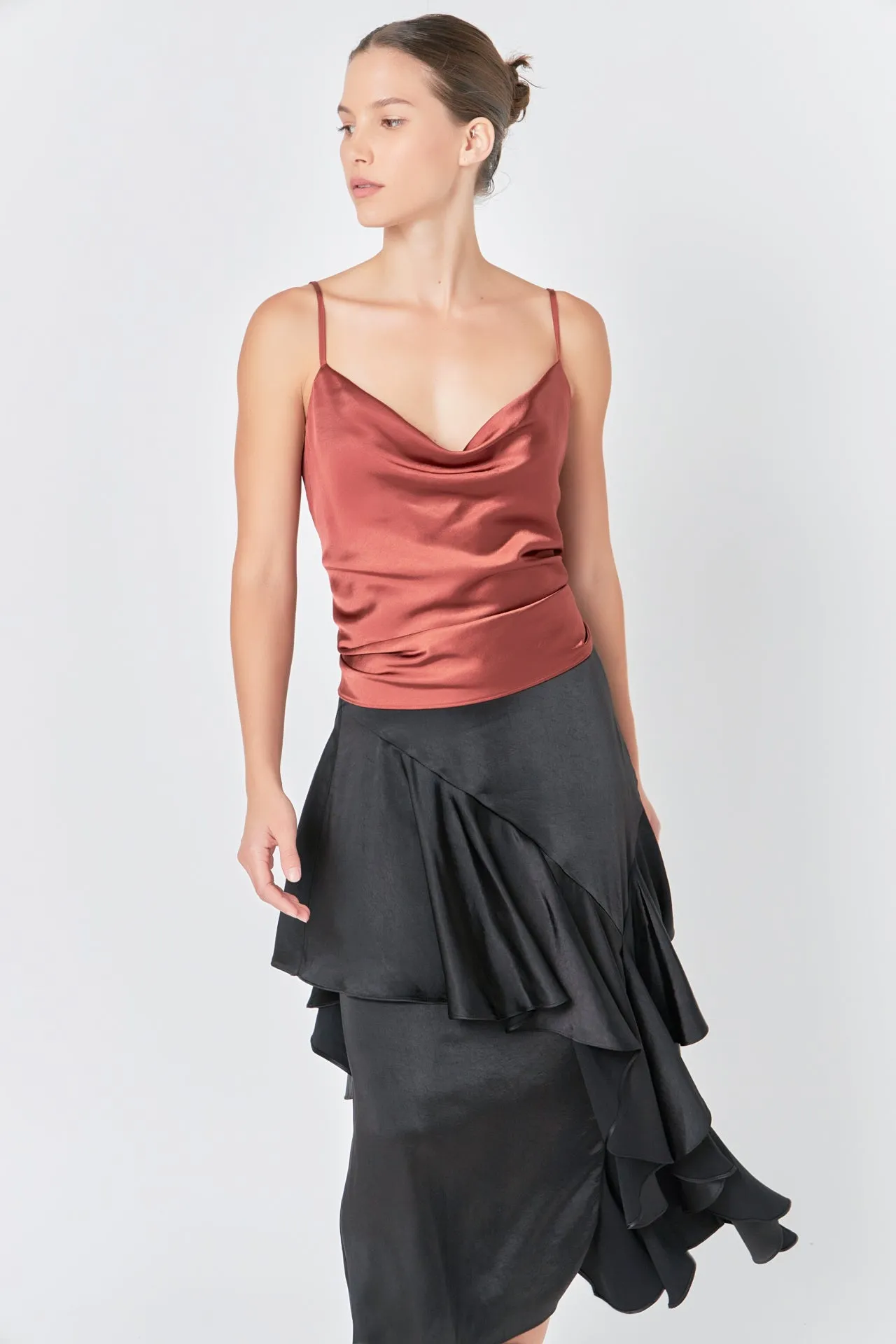 Satin Waterfall Midi Skirt