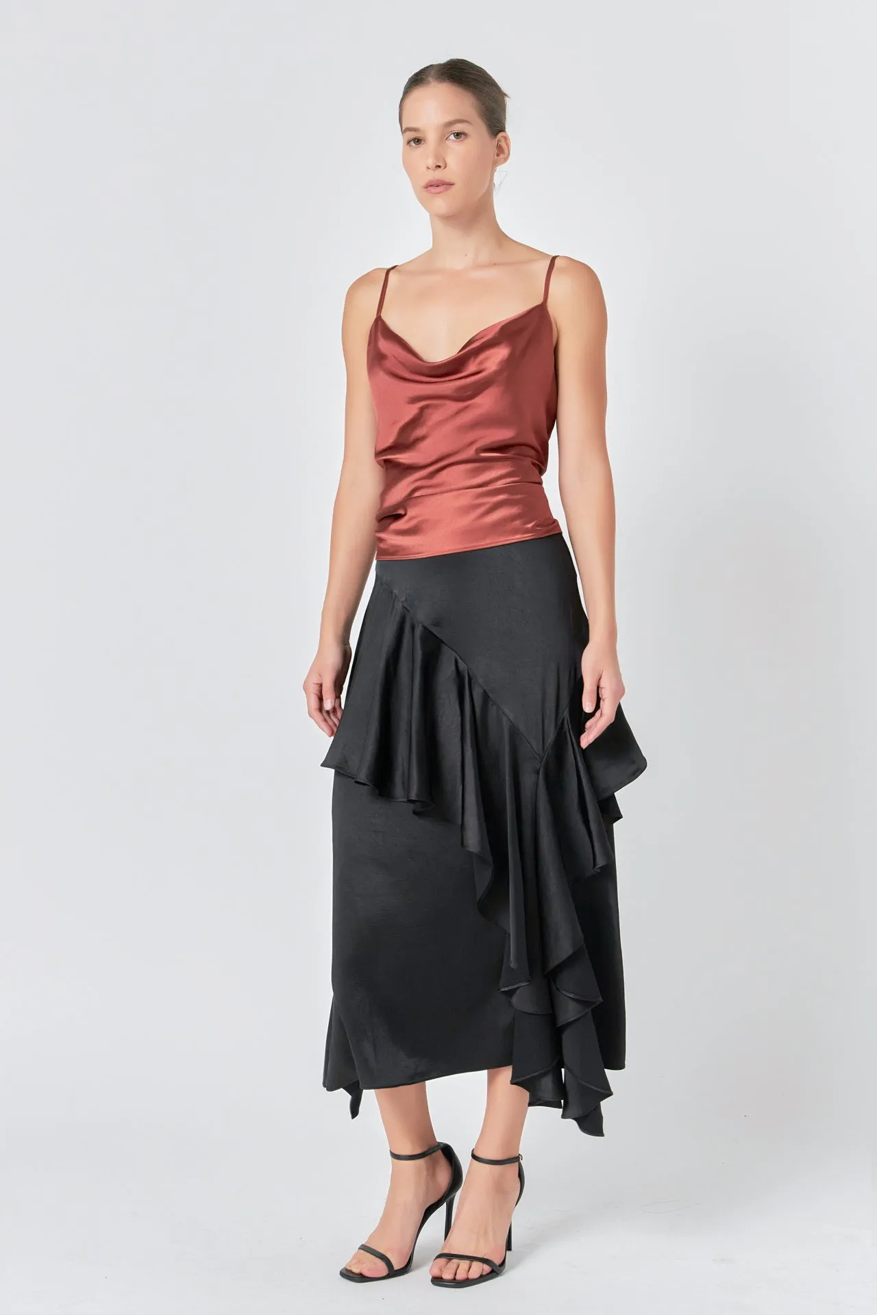 Satin Waterfall Midi Skirt