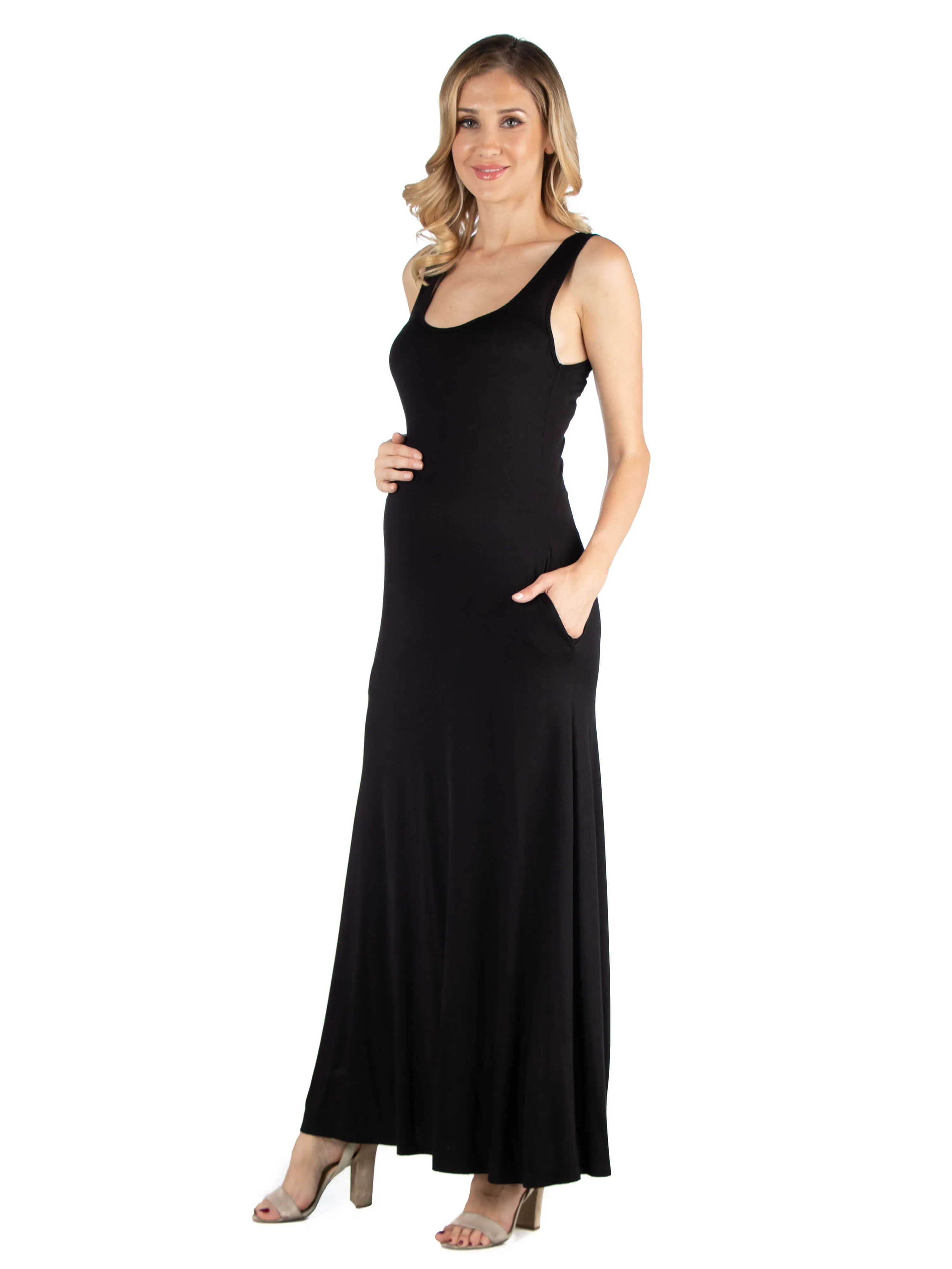 Scoop Neck Sleeveless Maternity Maxi Dress with Pockets