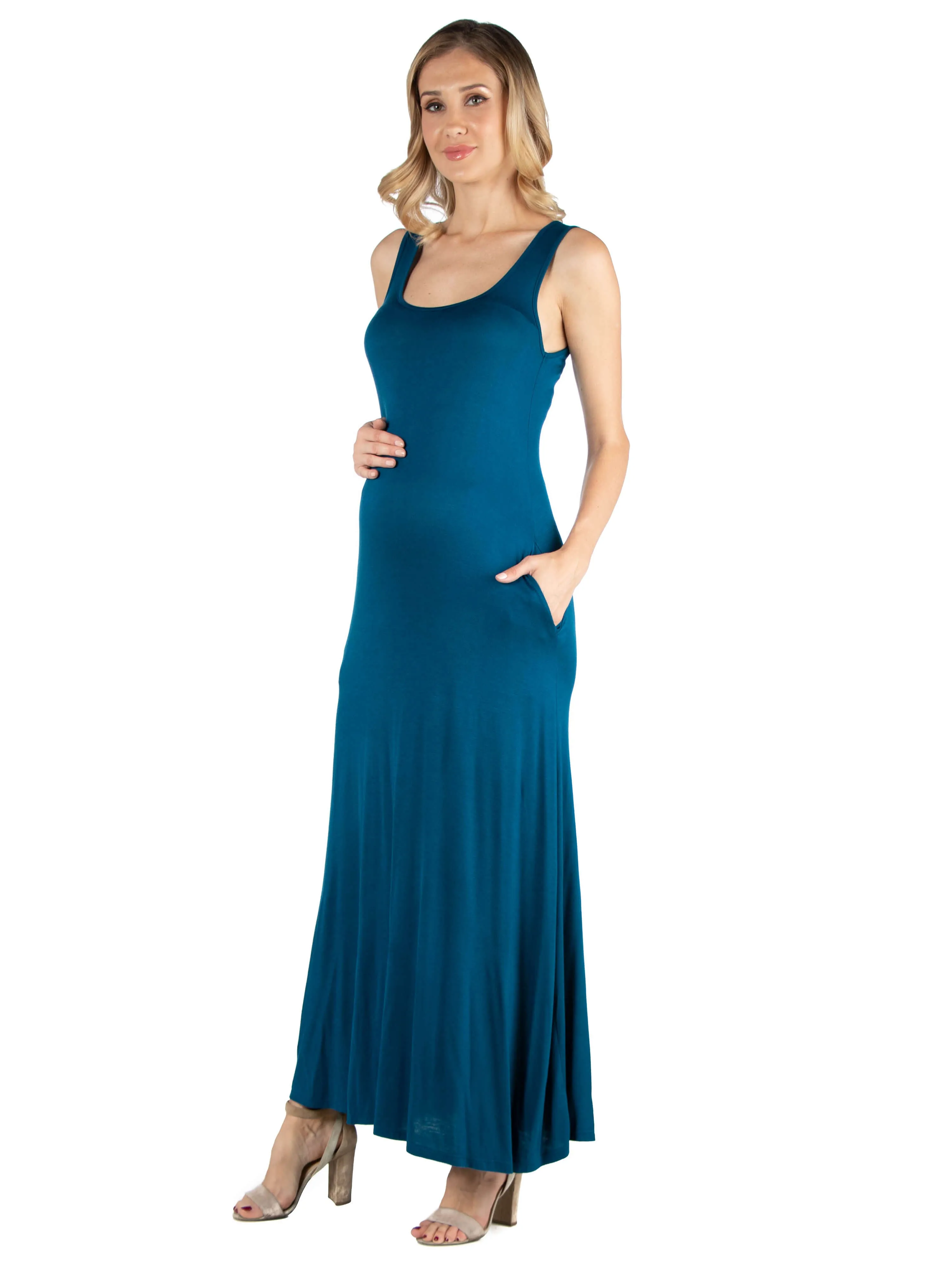 Scoop Neck Sleeveless Maternity Maxi Dress with Pockets