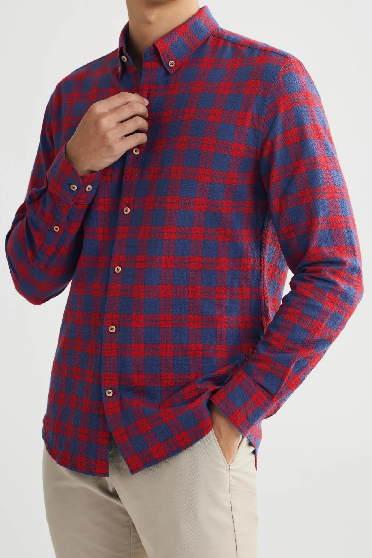 Seersucker Check Stretch Casual Shirt