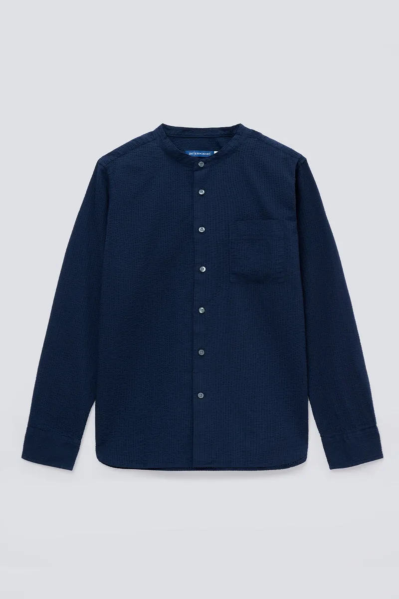 Seersucker Mandarin Collar Casual Shirt | Navy NNY096