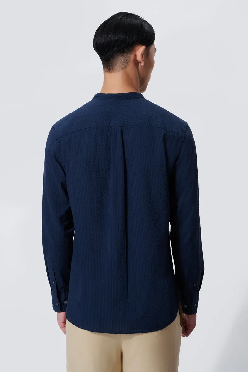 Seersucker Mandarin Collar Casual Shirt | Navy NNY096