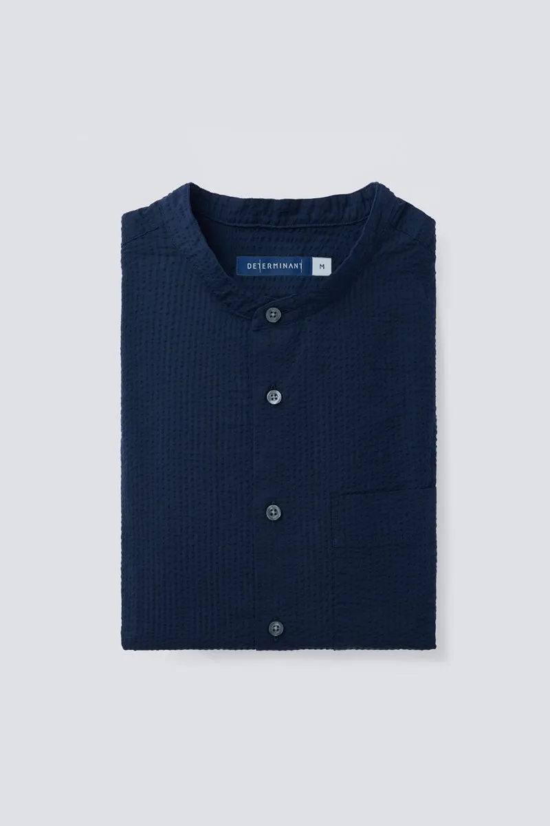 Seersucker Mandarin Collar Casual Shirt | Navy NNY096