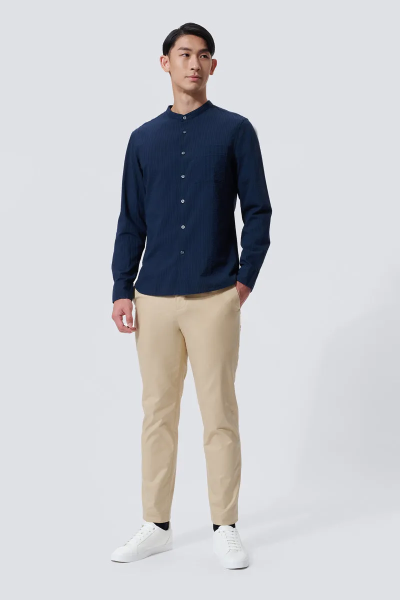 Seersucker Mandarin Collar Casual Shirt | Navy NNY096