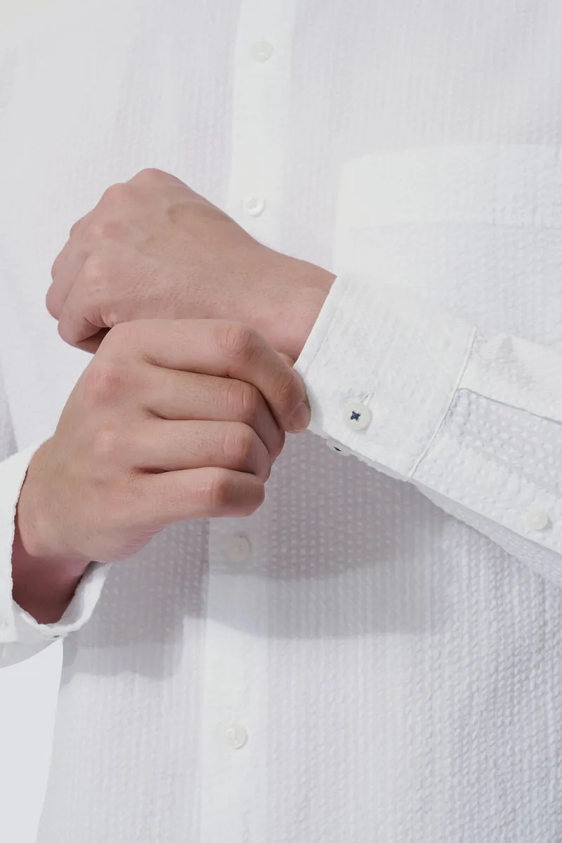 Seersucker Mandarin Collar Casual Shirt | White WH001Z