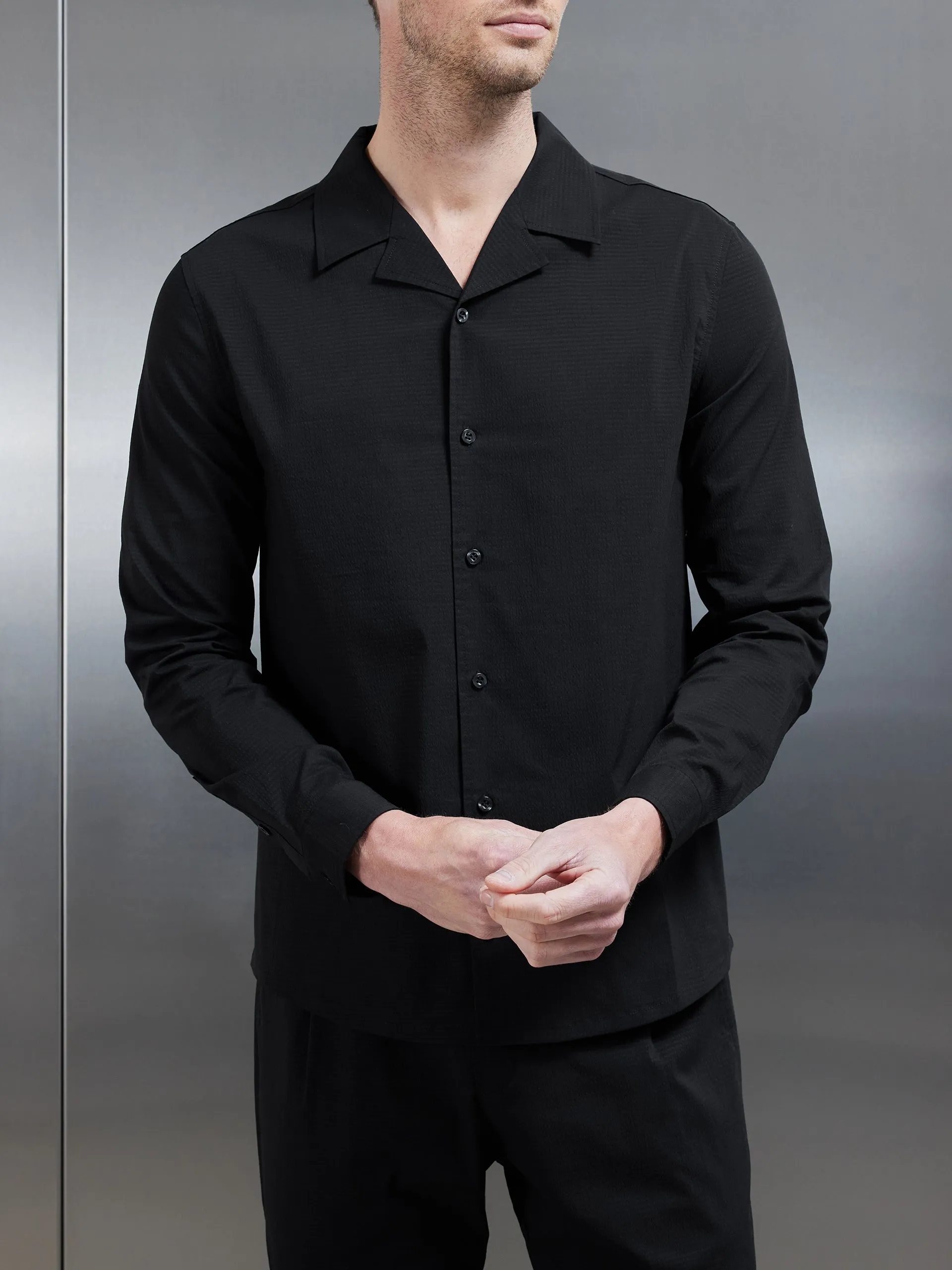 Seersucker Revere Collar Long Sleeve Shirt in Black