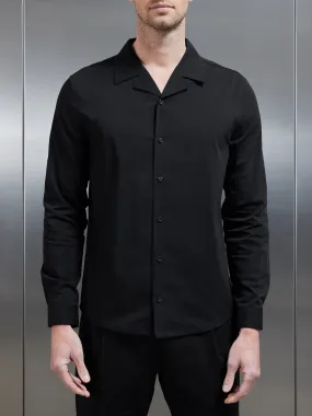 Seersucker Revere Collar Long Sleeve Shirt in Black