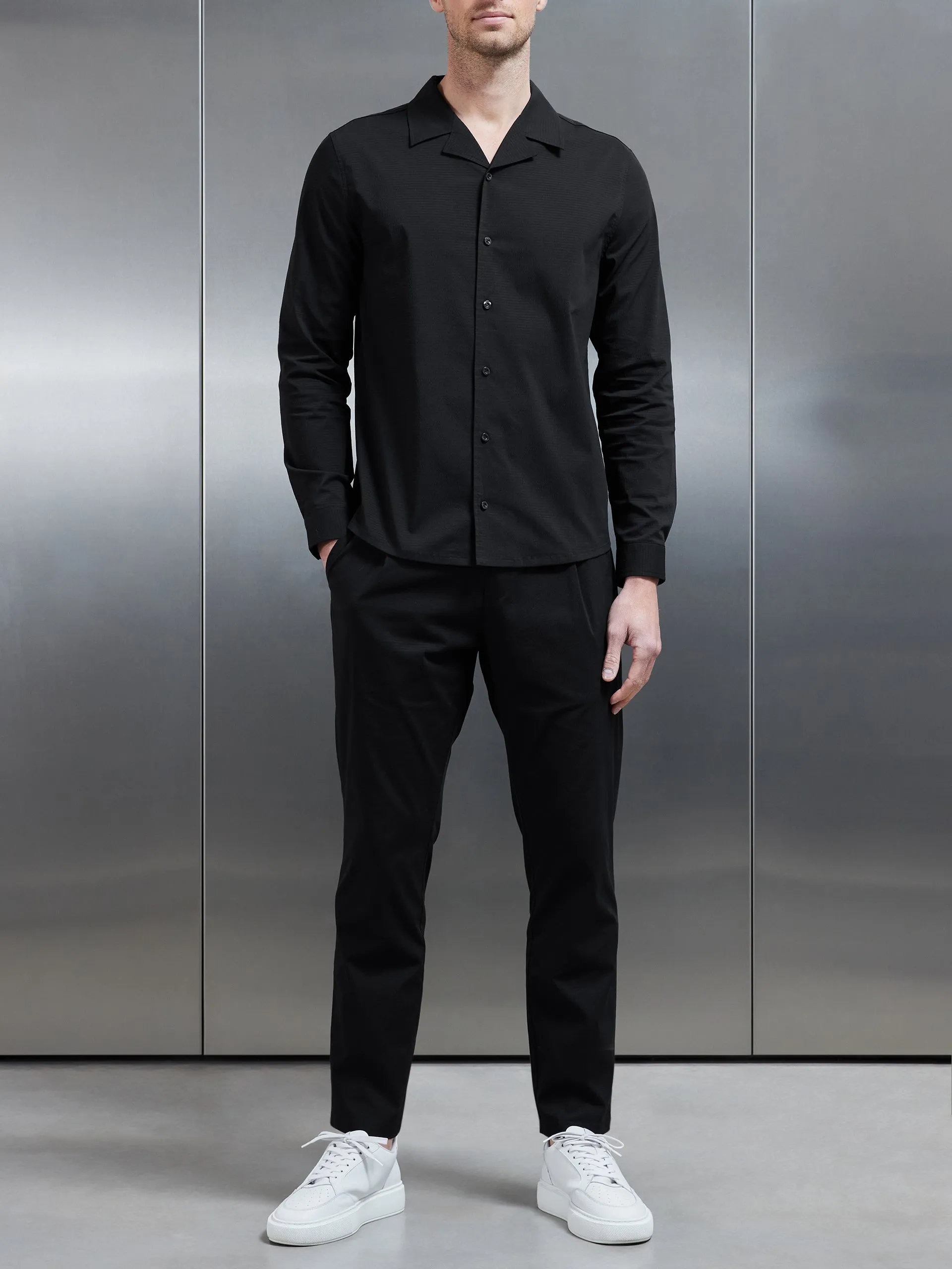 Seersucker Revere Collar Long Sleeve Shirt in Black