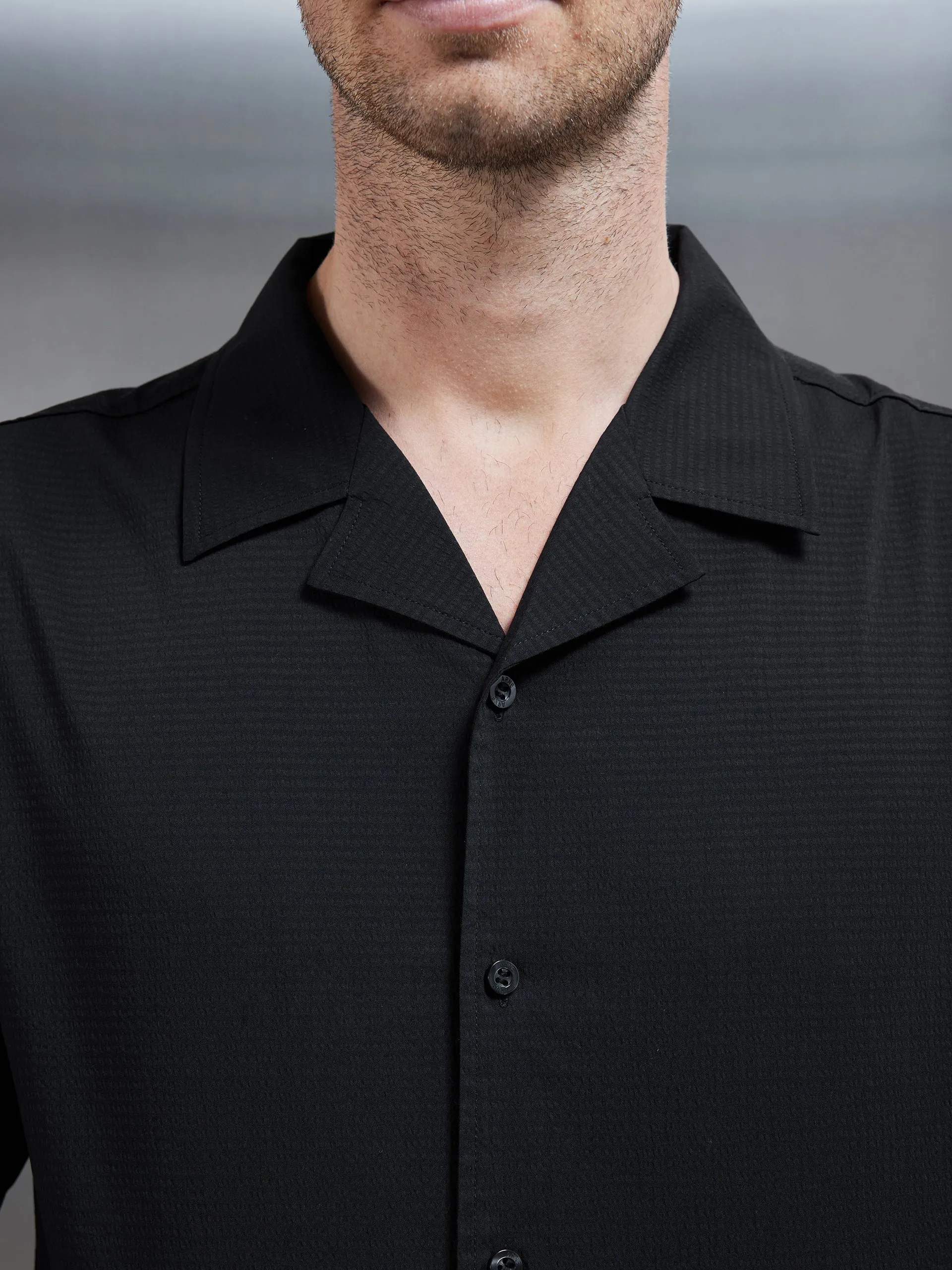 Seersucker Revere Collar Long Sleeve Shirt in Black