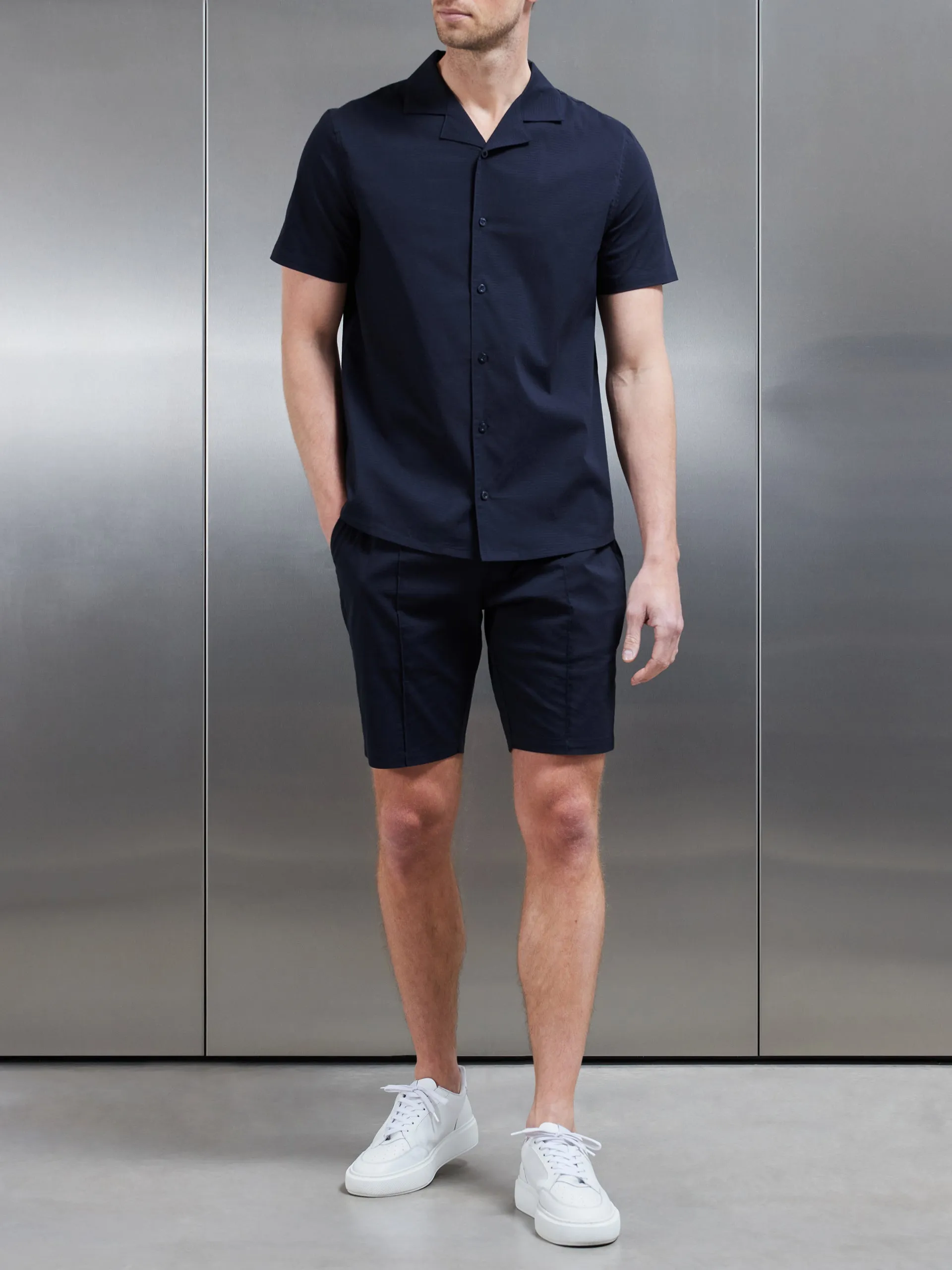 Seersucker Revere Collar Shirt in Navy