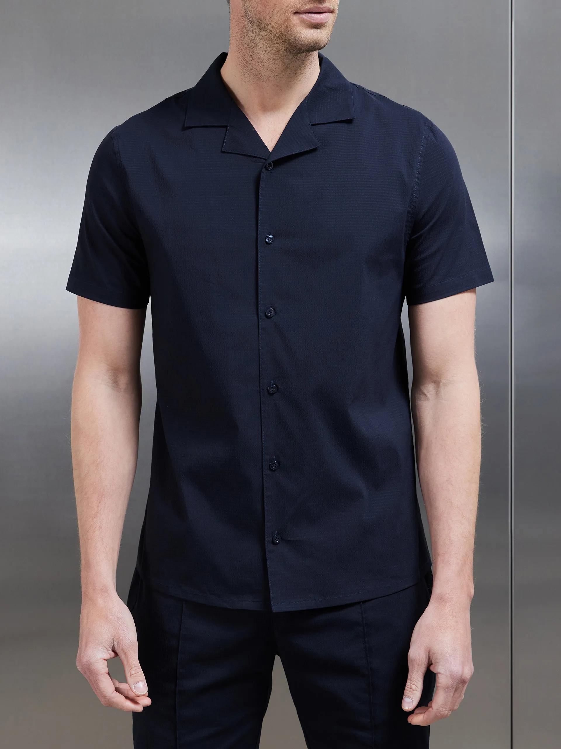 Seersucker Revere Collar Shirt in Navy