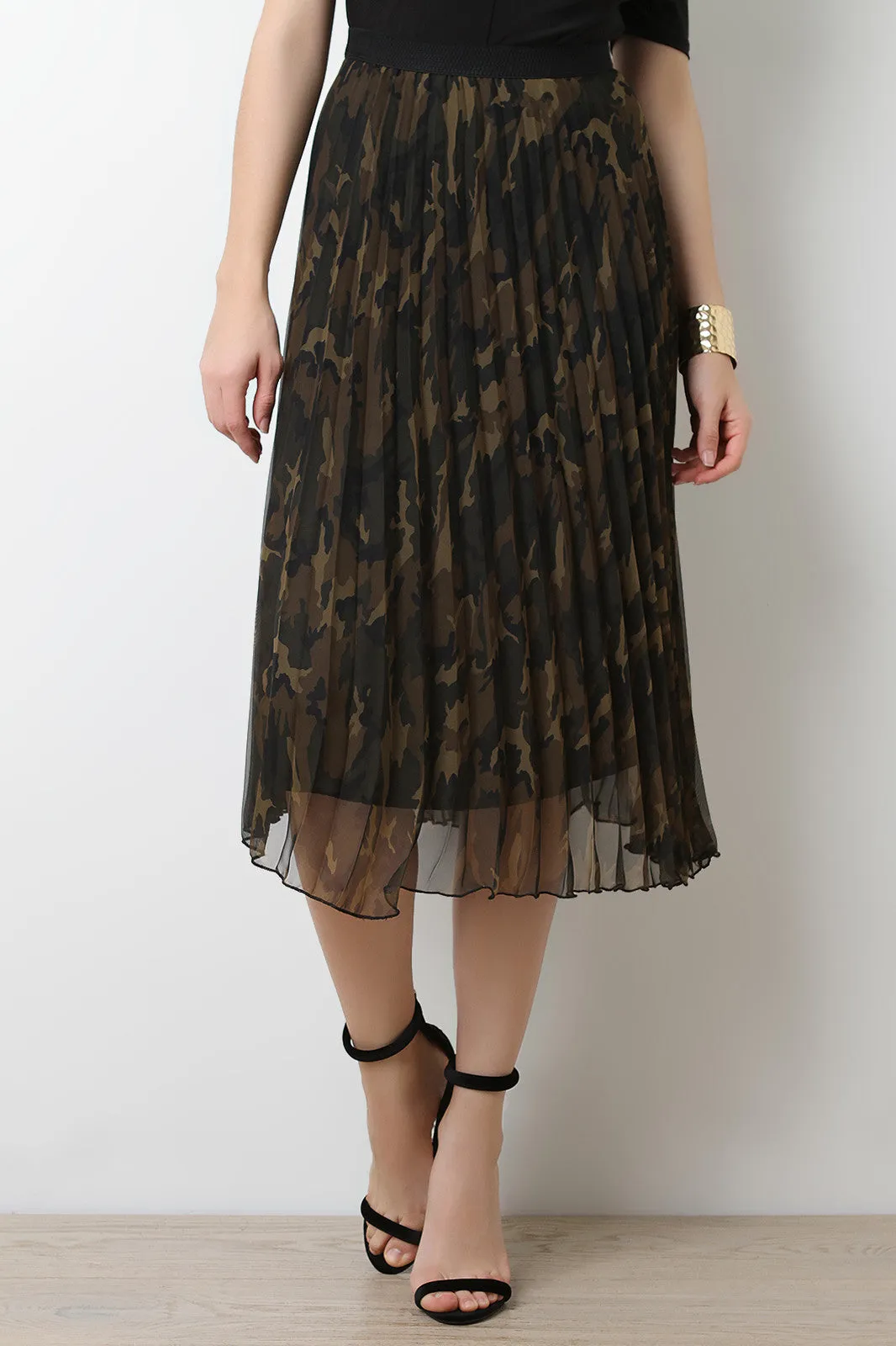 Semi Sheer Tulle Pleated Camouflage Midi Skirt