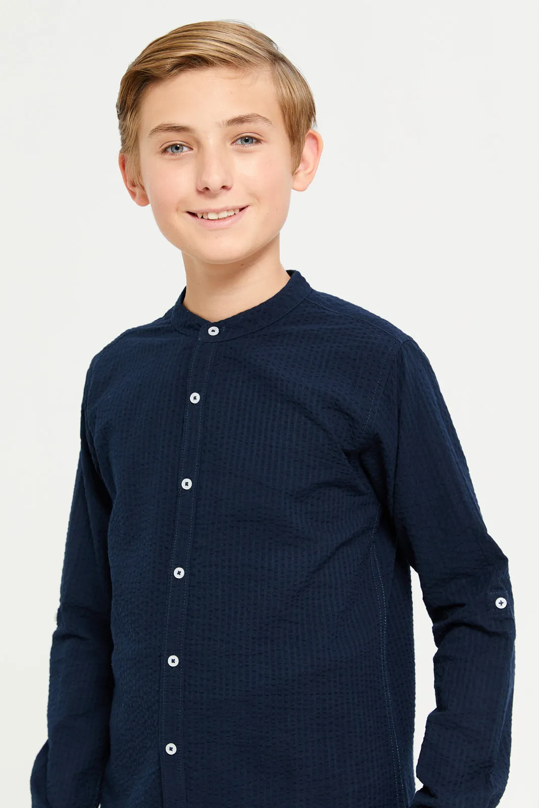 Senior Boys Navy Plain Mandarin Collar Seersucker Shirt