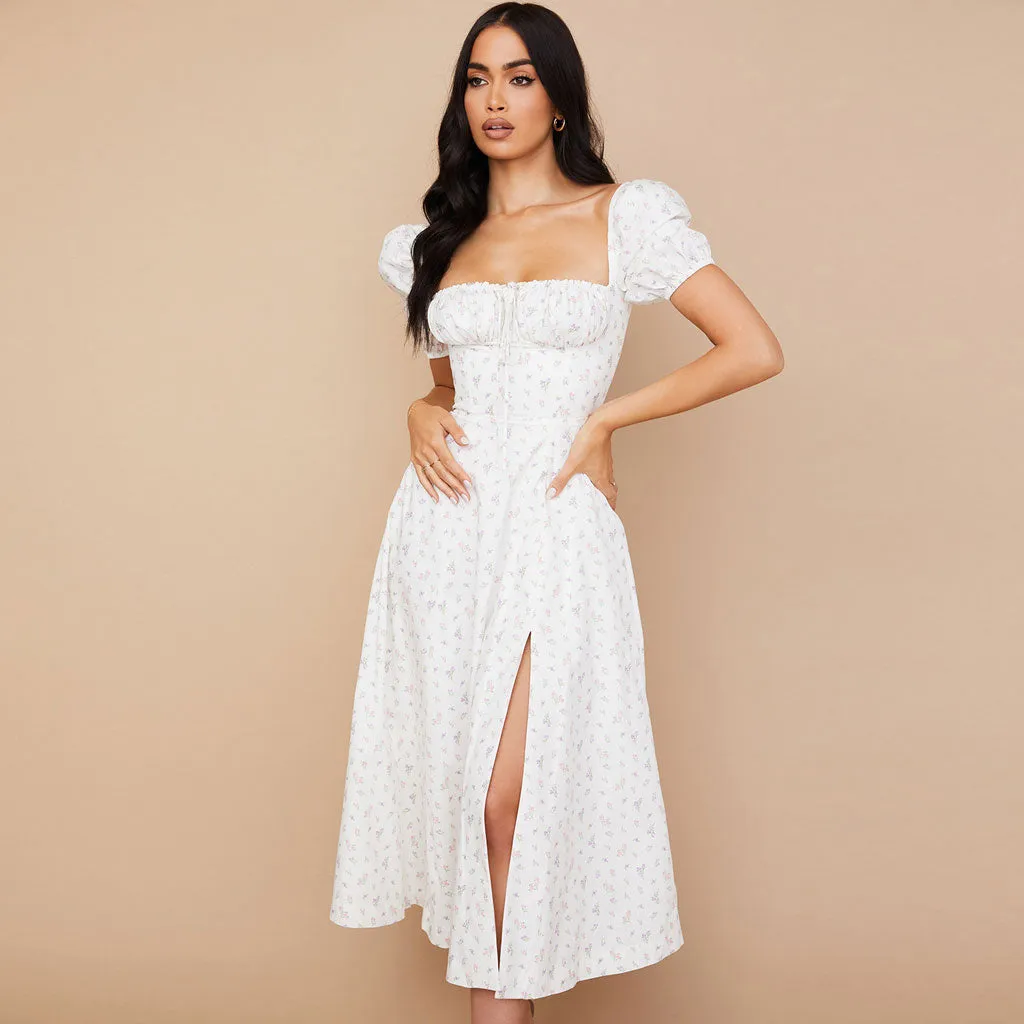 Sexy Daisy Printed Puff Sleeve High Slit Smock Maxi Sundress - White