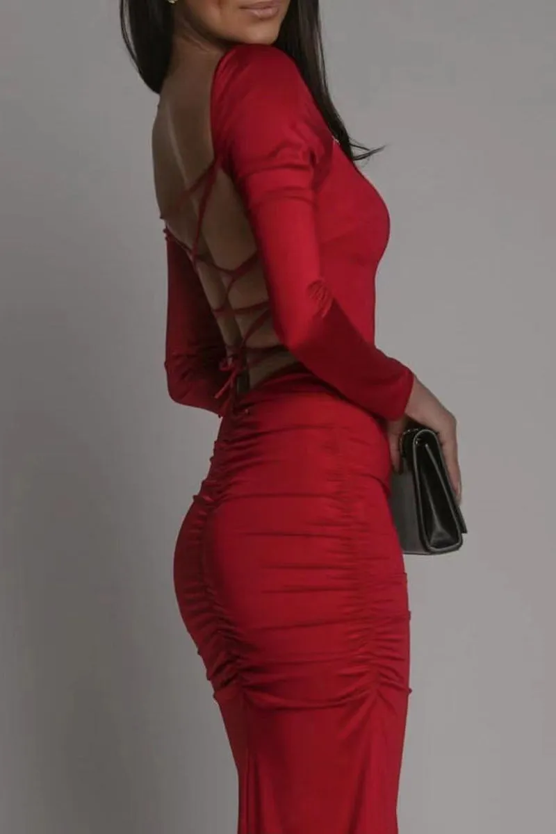 Sexy Solid Backless Slit Square Collar Wrapped Skirt Dresses