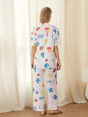 Short Sleeve Cartoon Print Button Shirt Pants Loungewear Casual Pajamas