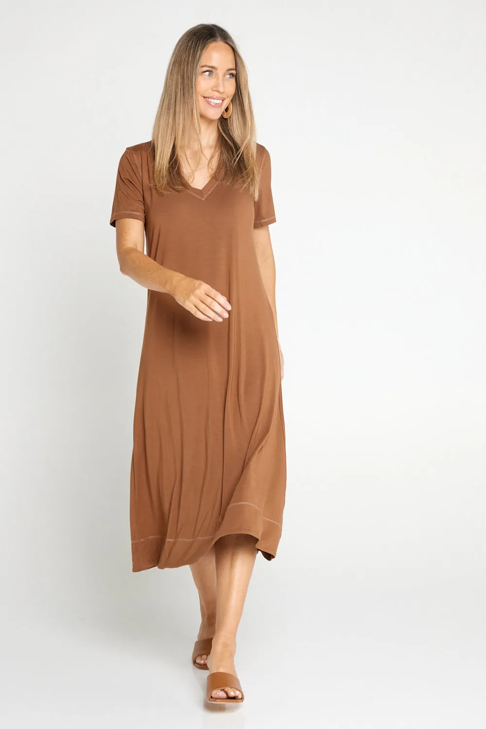 Short Sleeve Contrast Stitch Dress - Mocha